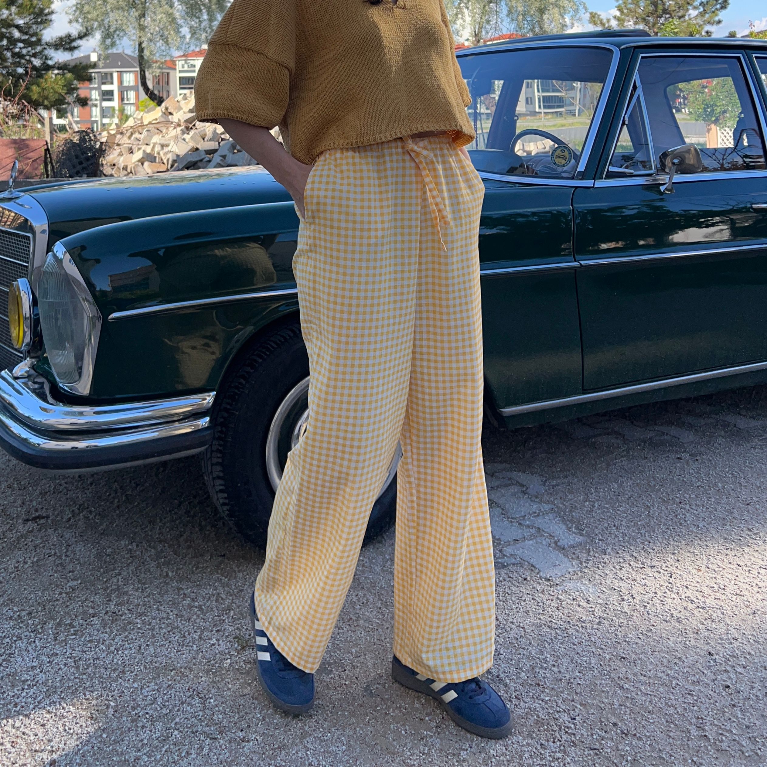 100% Linen Gingham Check Mid-Rise Trousers with Pockets - Yellow