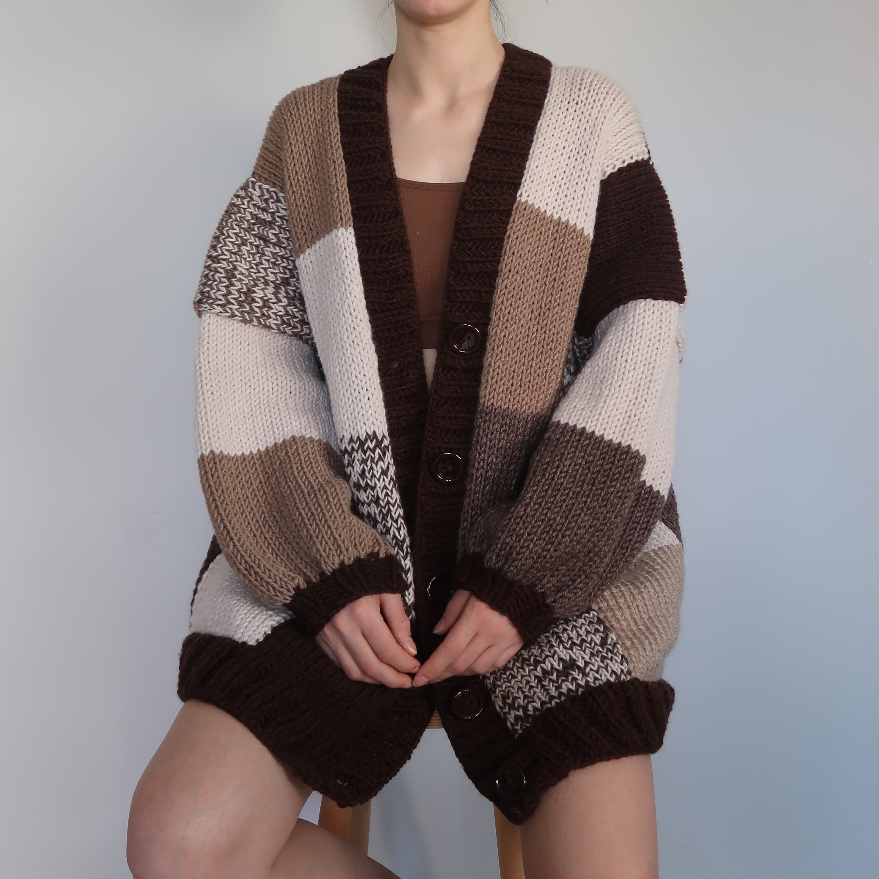Thinner Coffee Bean Patchwork Cardigan