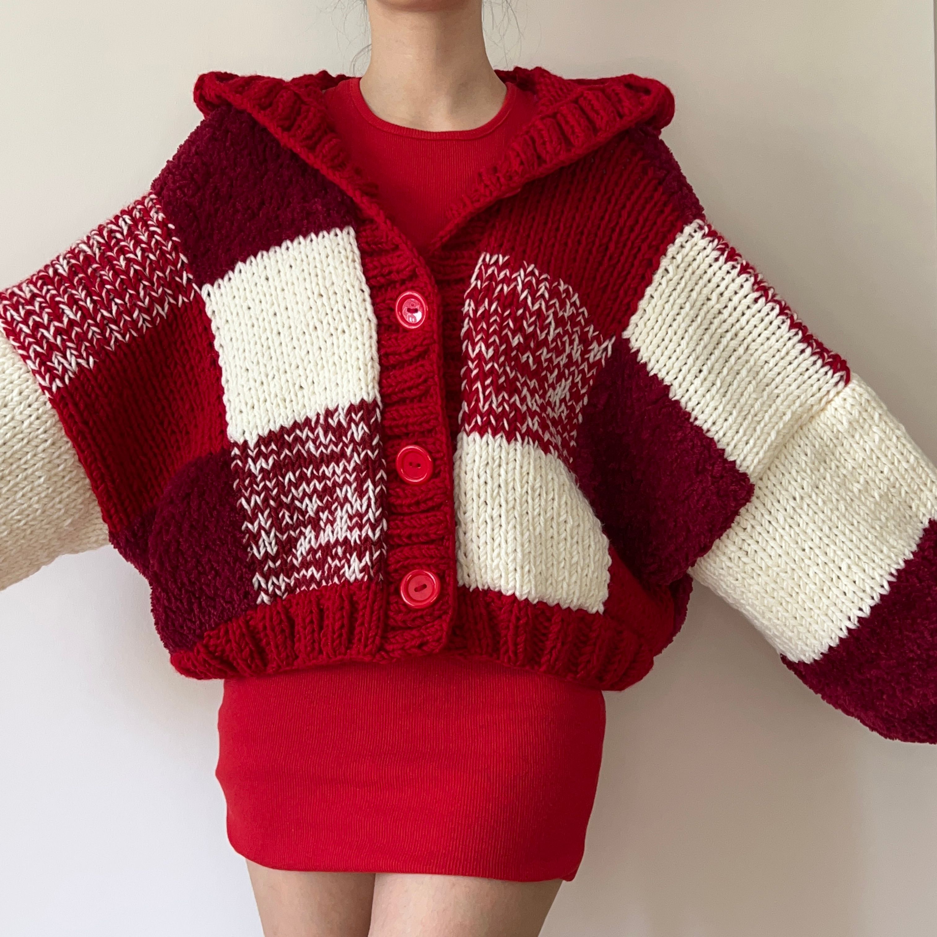 Hooded Red Velvet Patchwork Cardigan