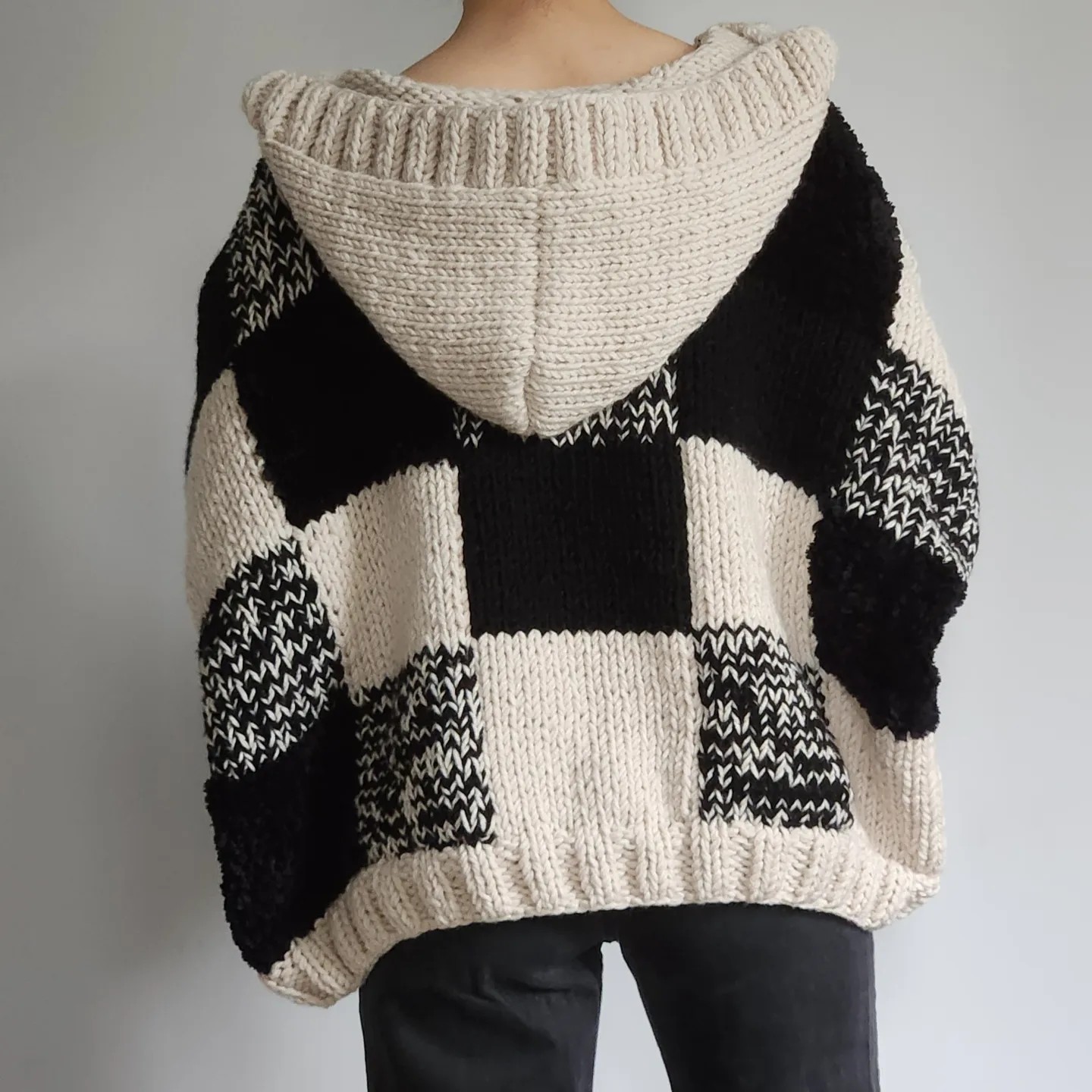 Hooded Black Patchwork Cardigan