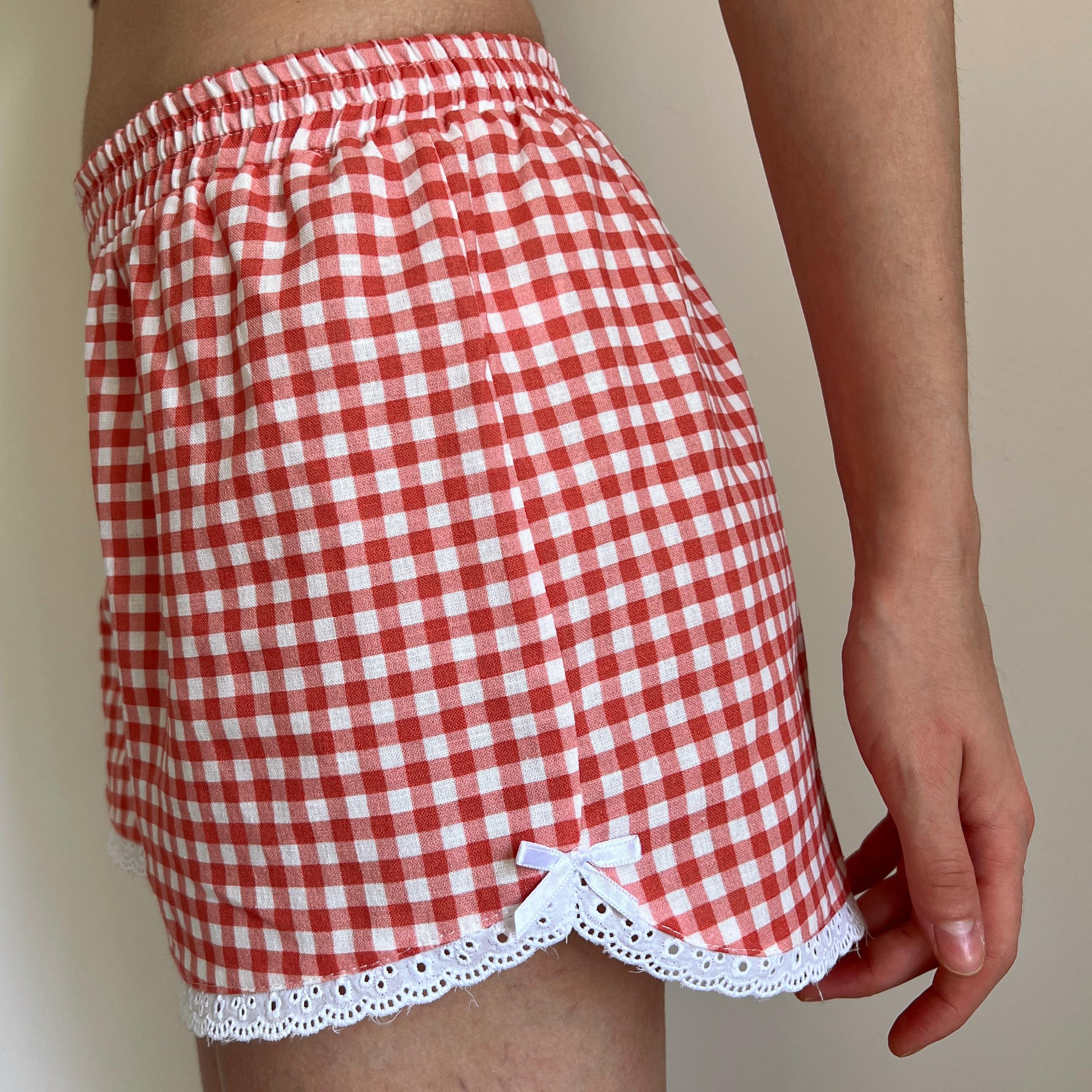 Linen Gingham Check Handmade Shorts with Lace Detail - Brick Red