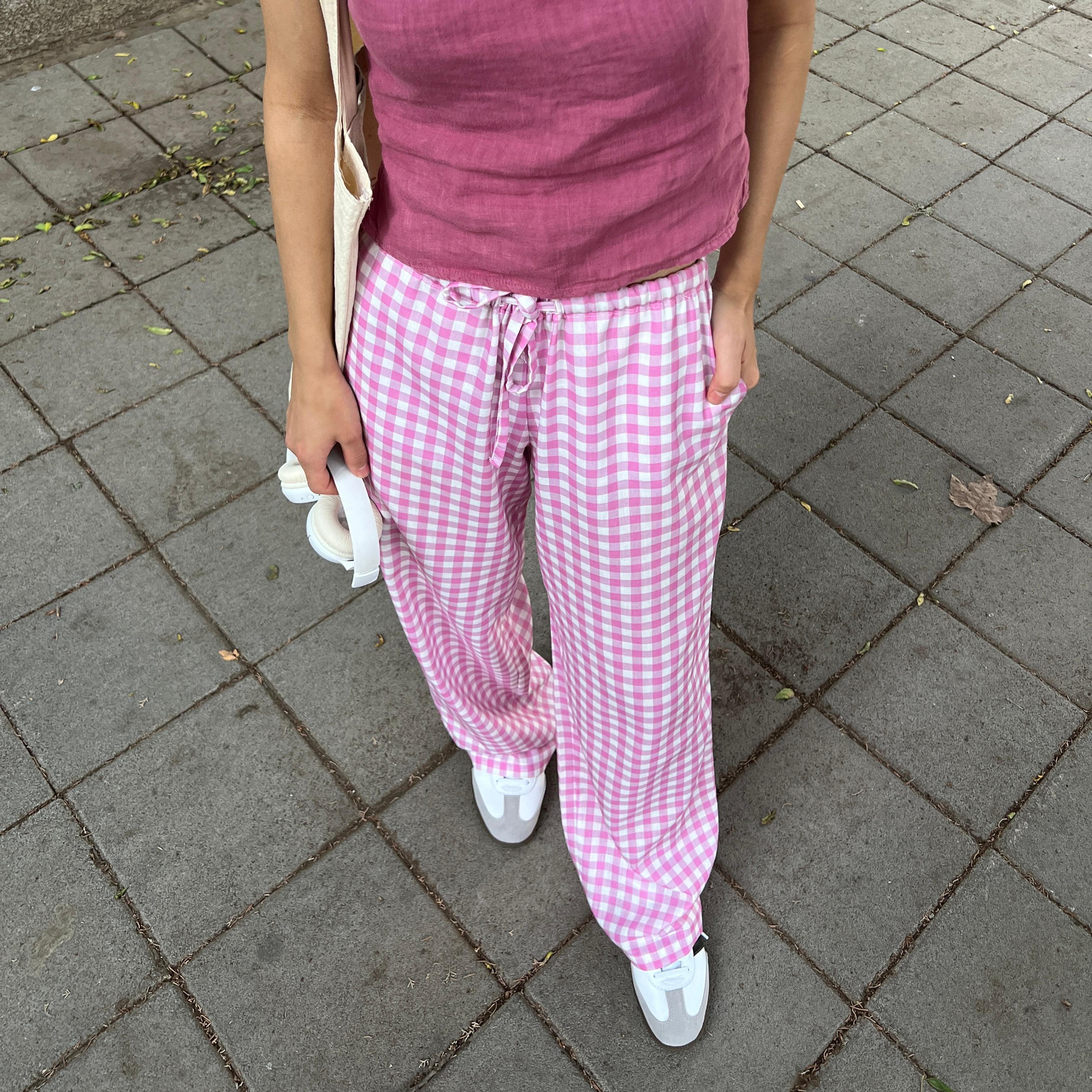 Straight-leg Linen Blend Handmade Gingham Trousers - Pink