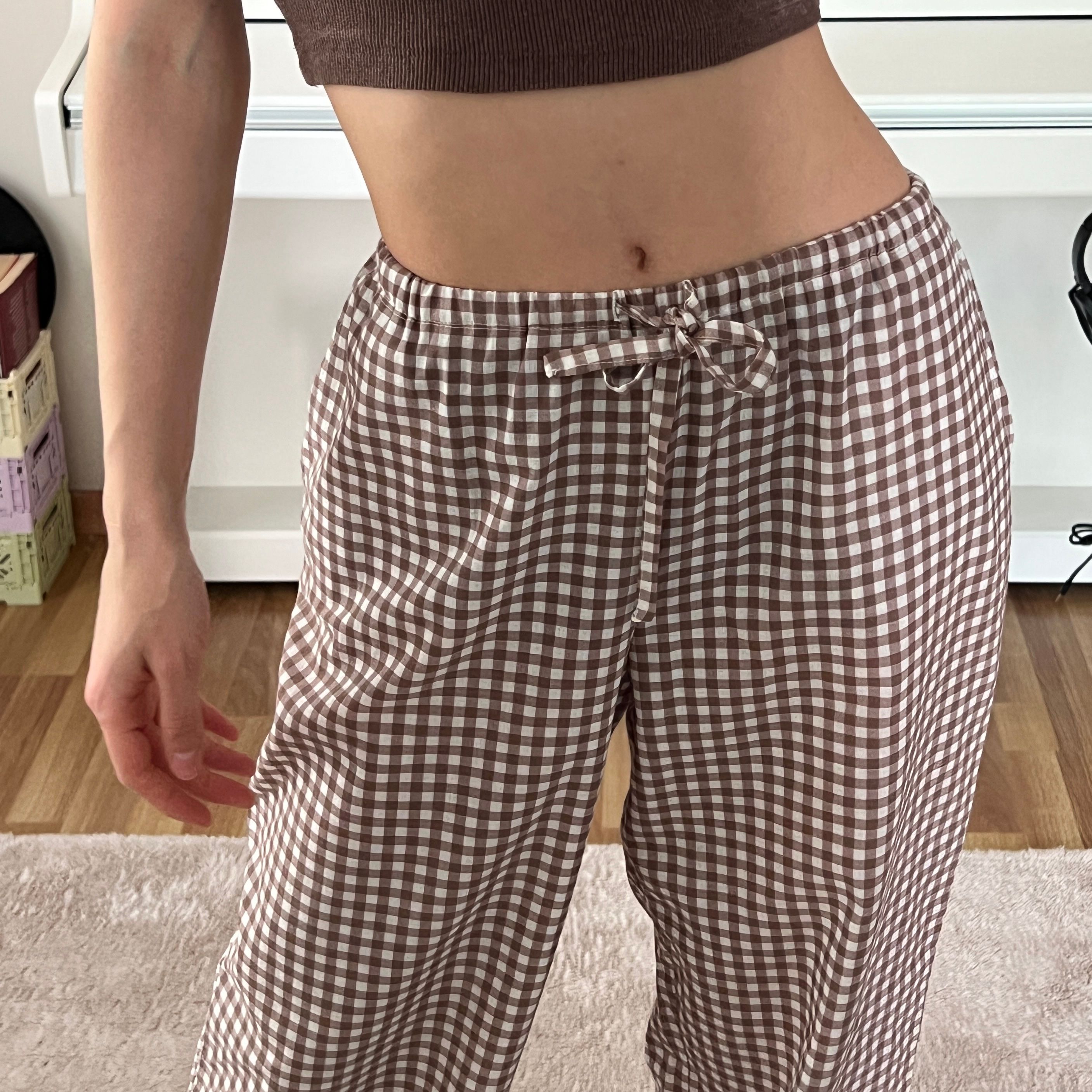 100% Linen Gingham Check Mid-Rise Trousers with Pockets - Brown