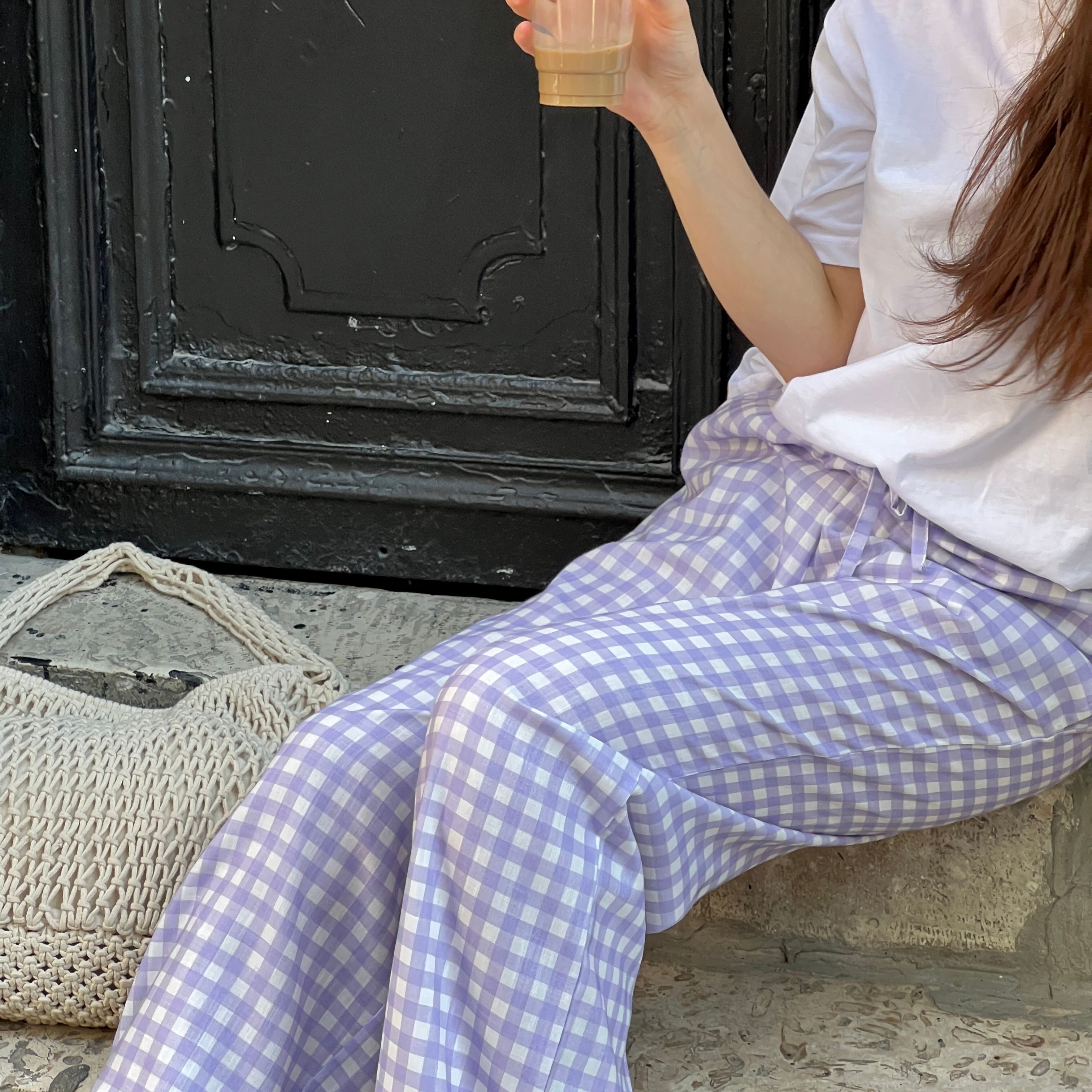 Straight-leg Linen Blend Handmade Gingham Trousers - Lilac