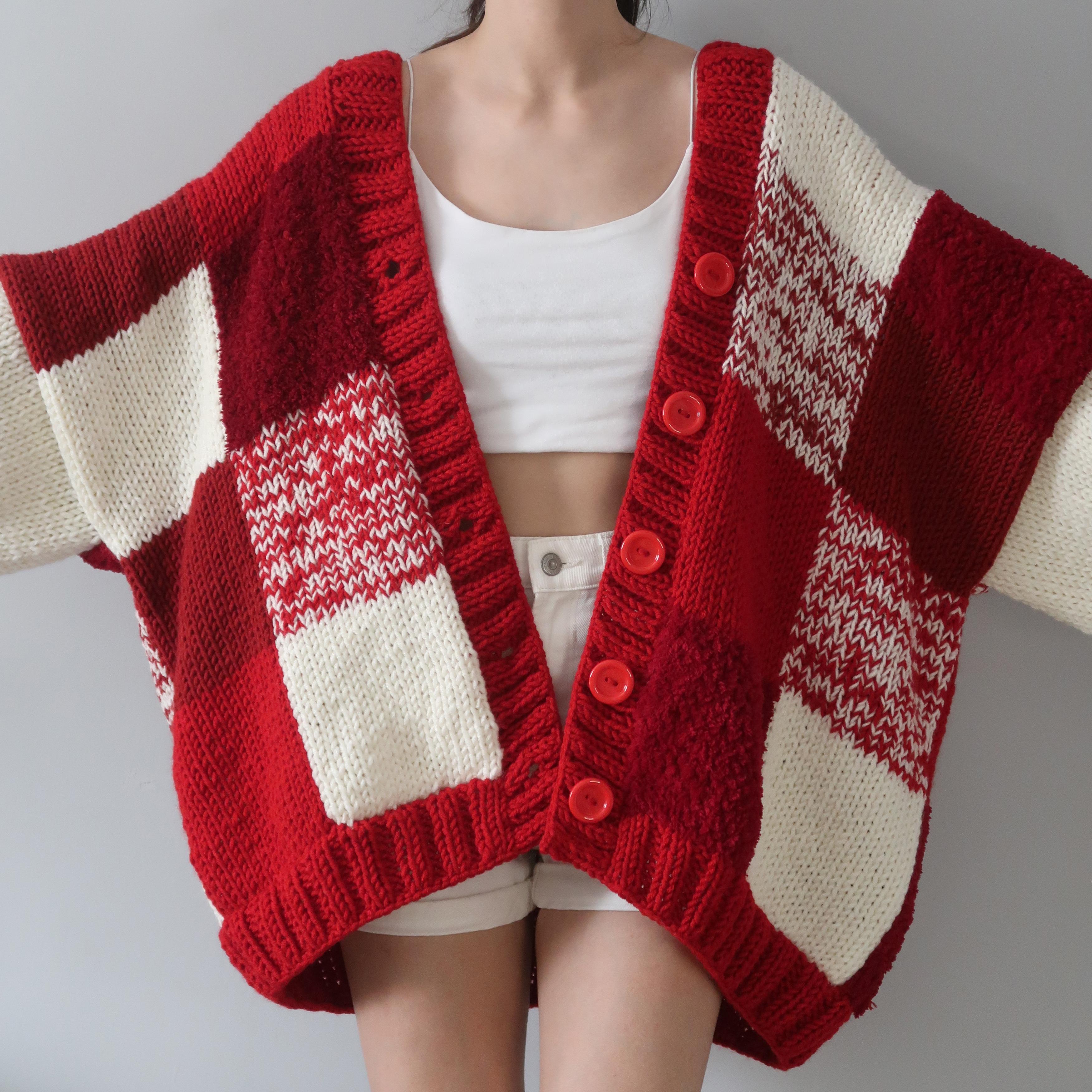 Thinner Red Velvet Patchwork Cardigan