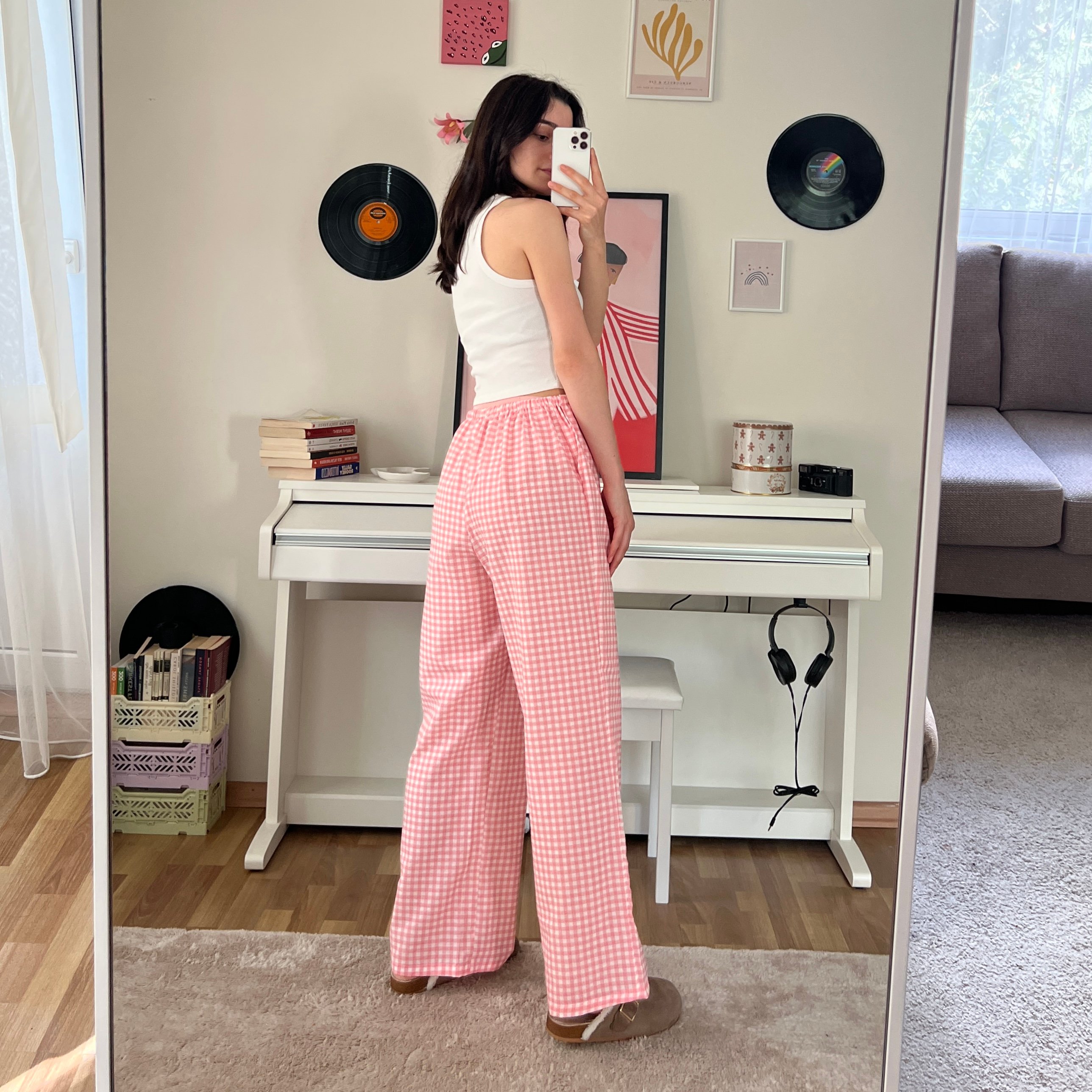 100% Linen Gingham Check Mid-Rise Trousers with Pockets - Pink