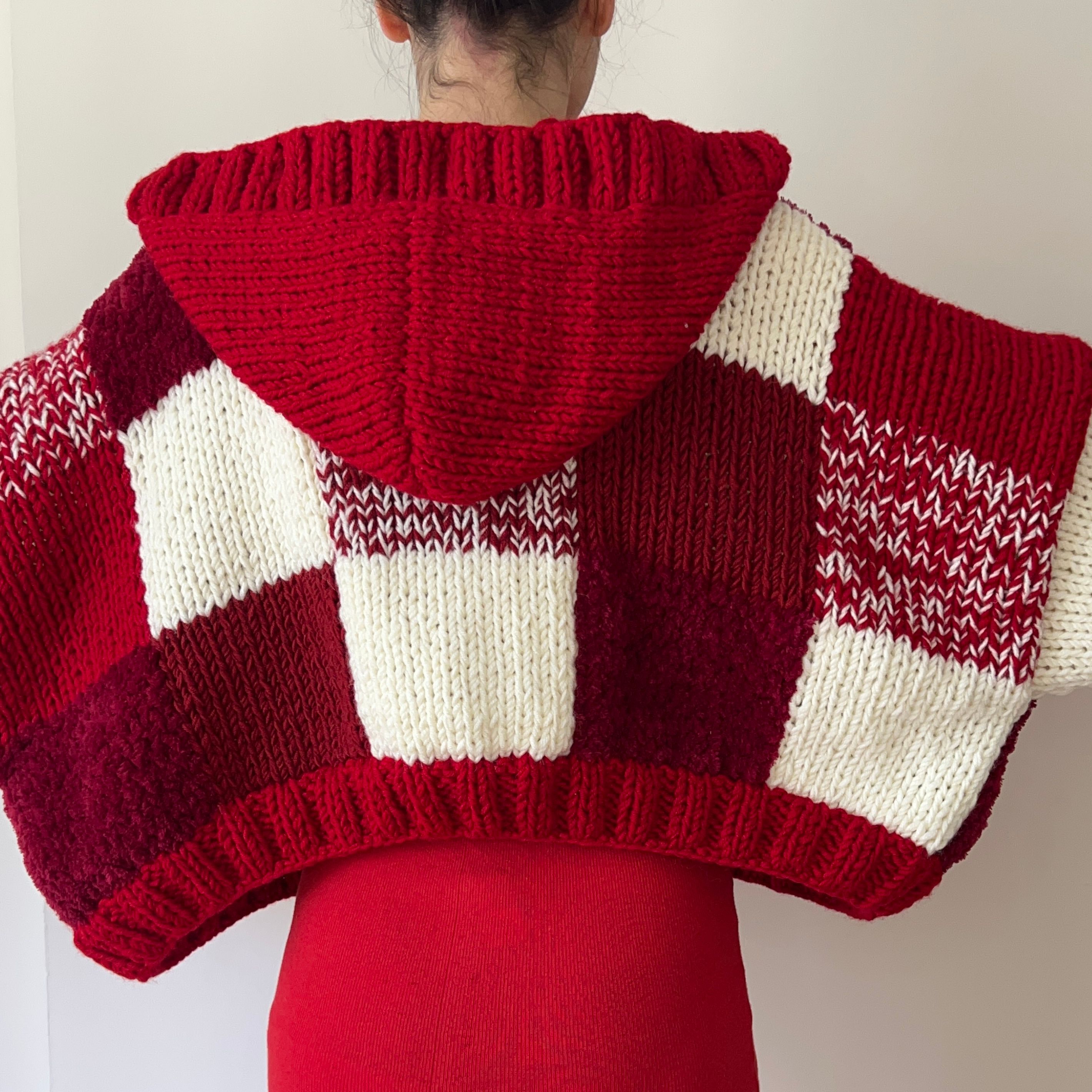 Hooded Red Velvet Patchwork Cardigan