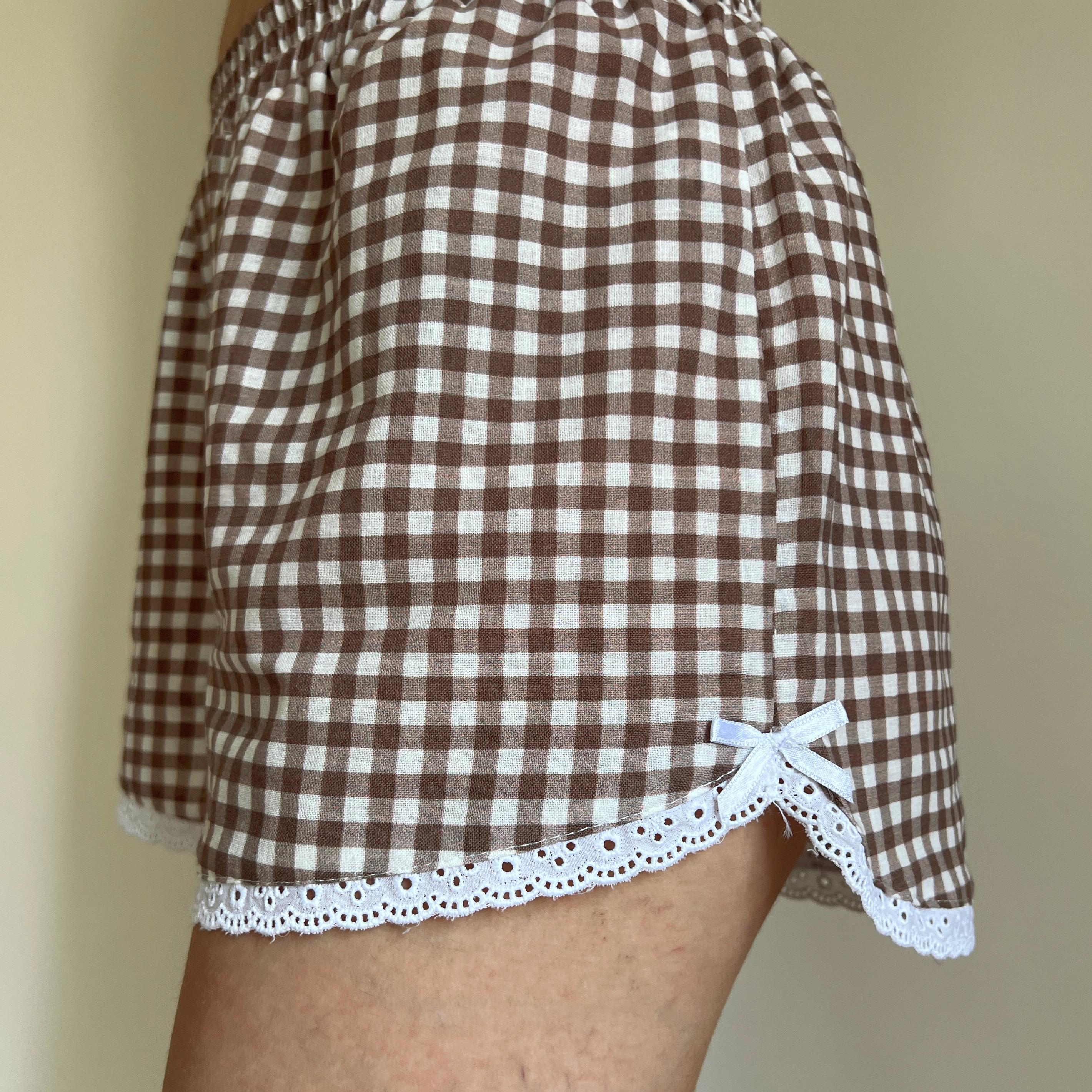 Linen Gingham Check Handmade Shorts with Lace Detail - Brown