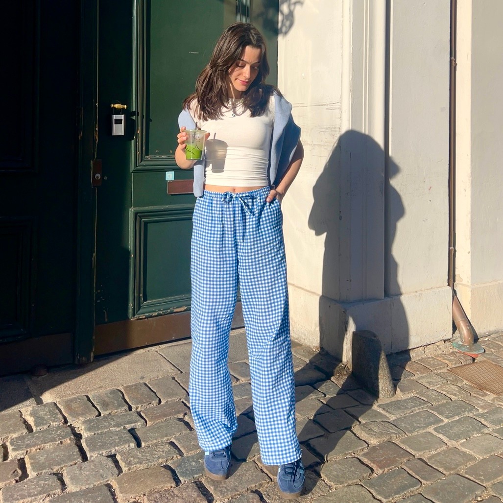 100% Linen Gingham Check Mid-Rise Trousers with Pockets