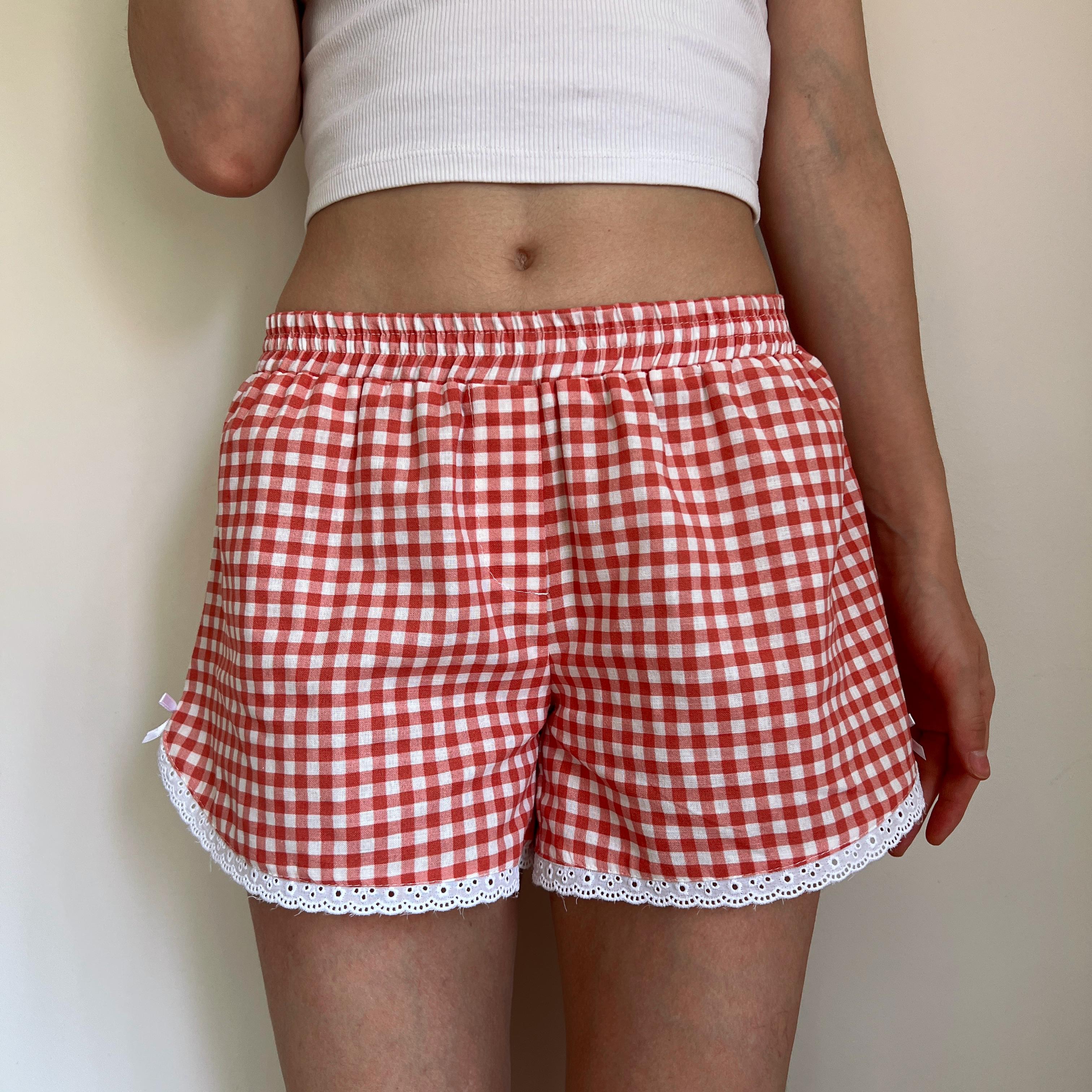 Linen Gingham Check Handmade Shorts with Lace Detail - Brick Red