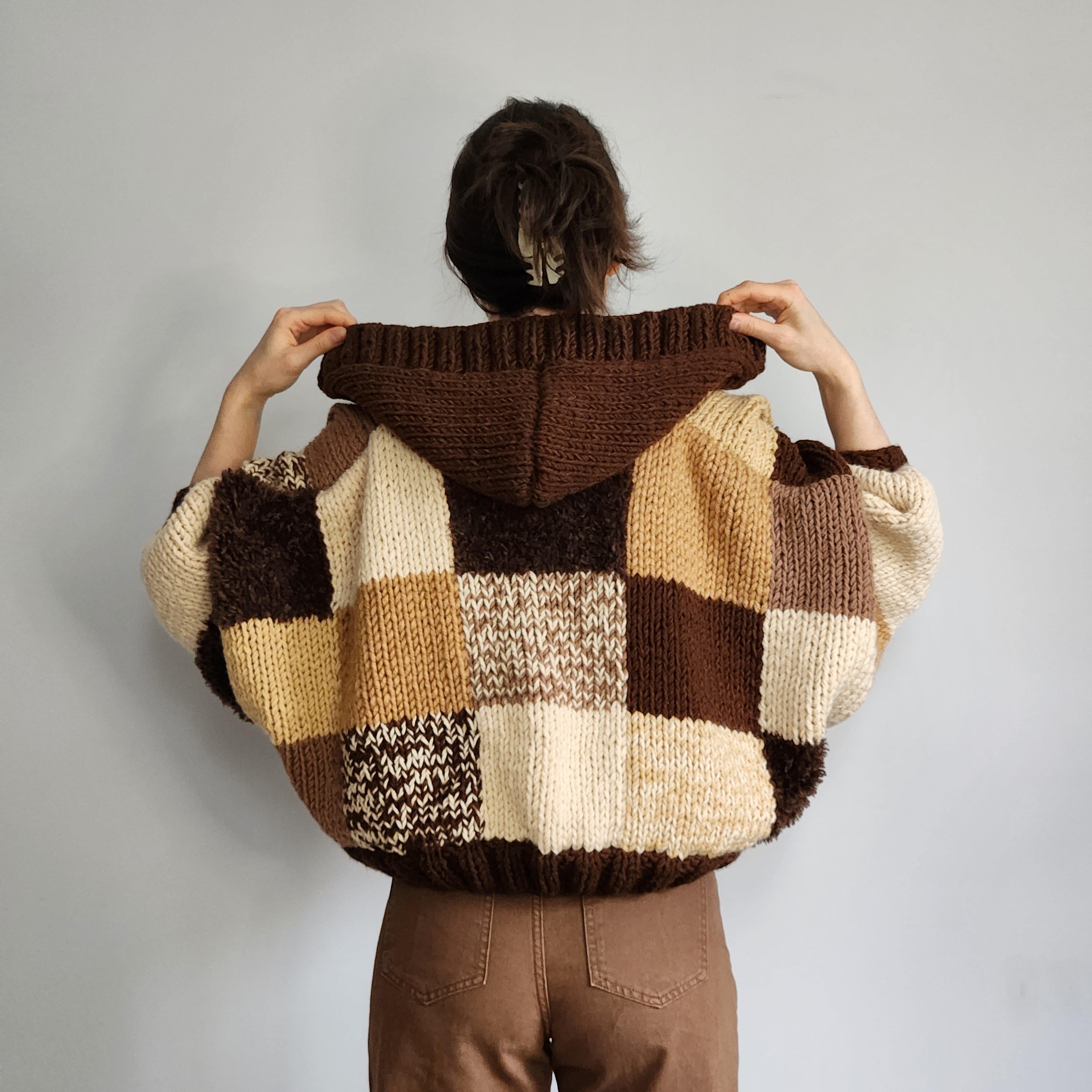 Hooded Dark Chocolate Patchwork Cardigan