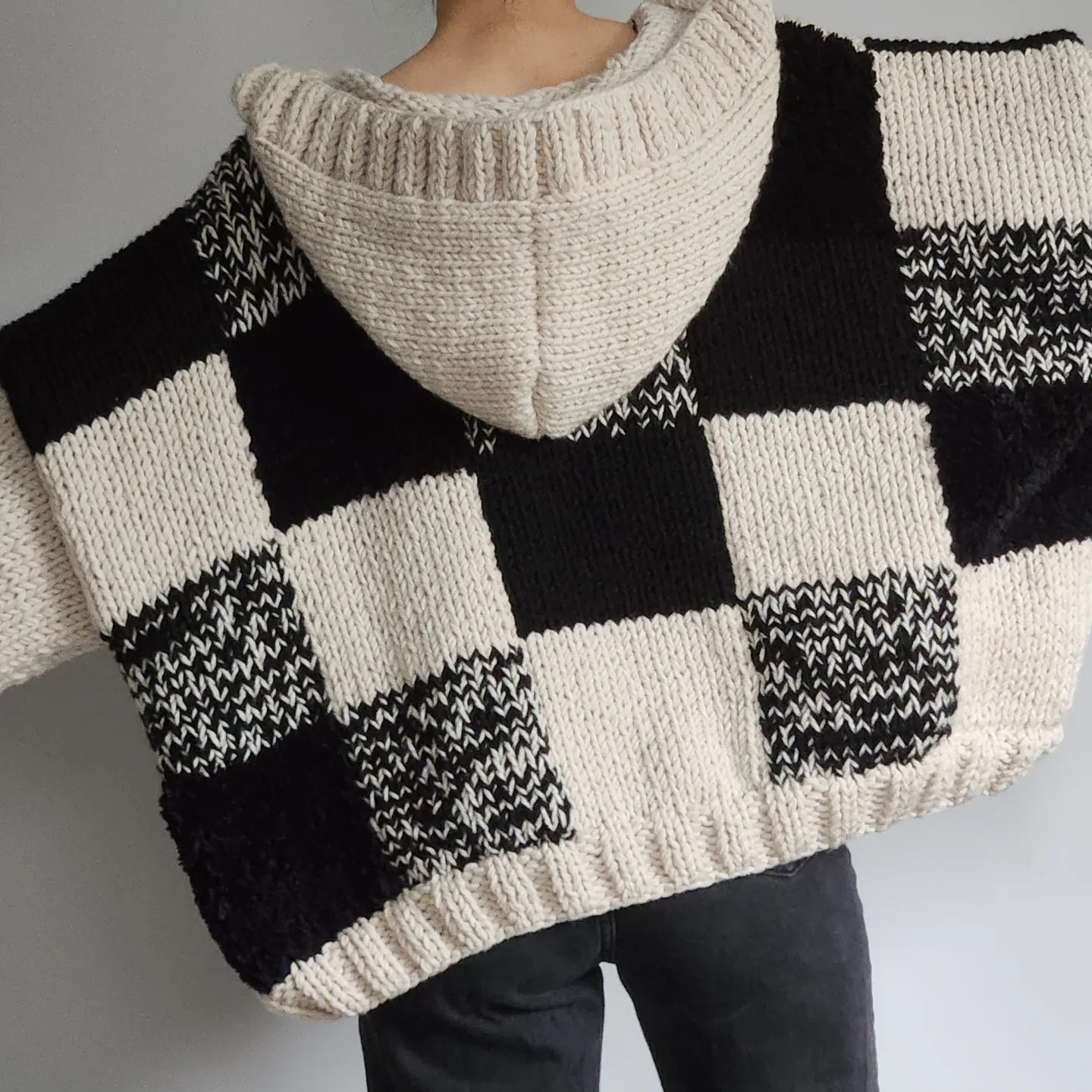 Hooded Black Patchwork Cardigan