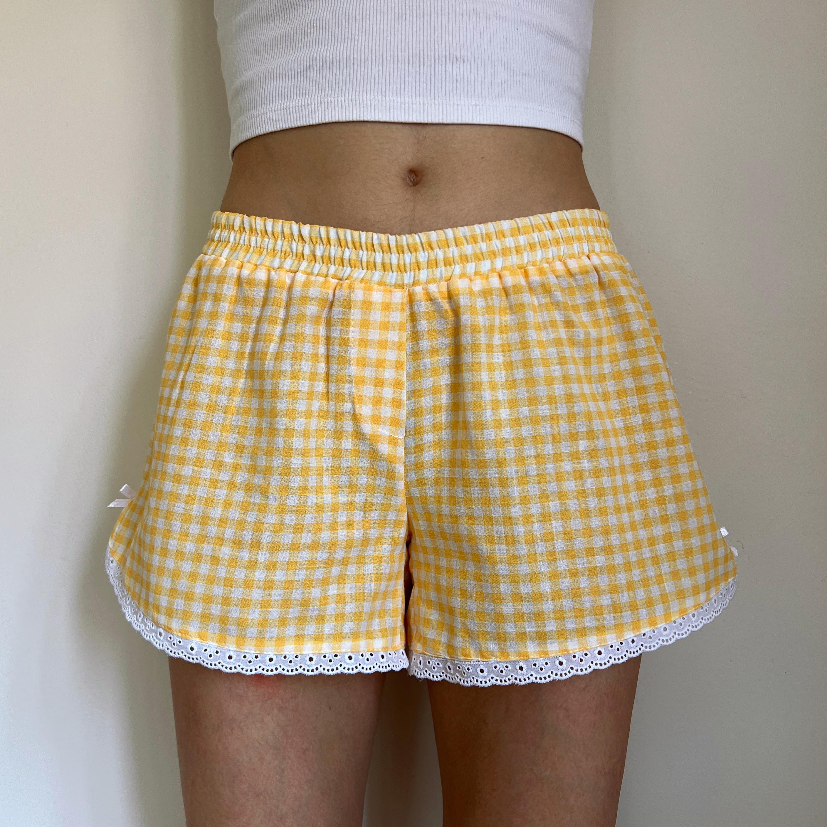 Linen Gingham Check Handmade Shorts with Lace Detail - Yellow