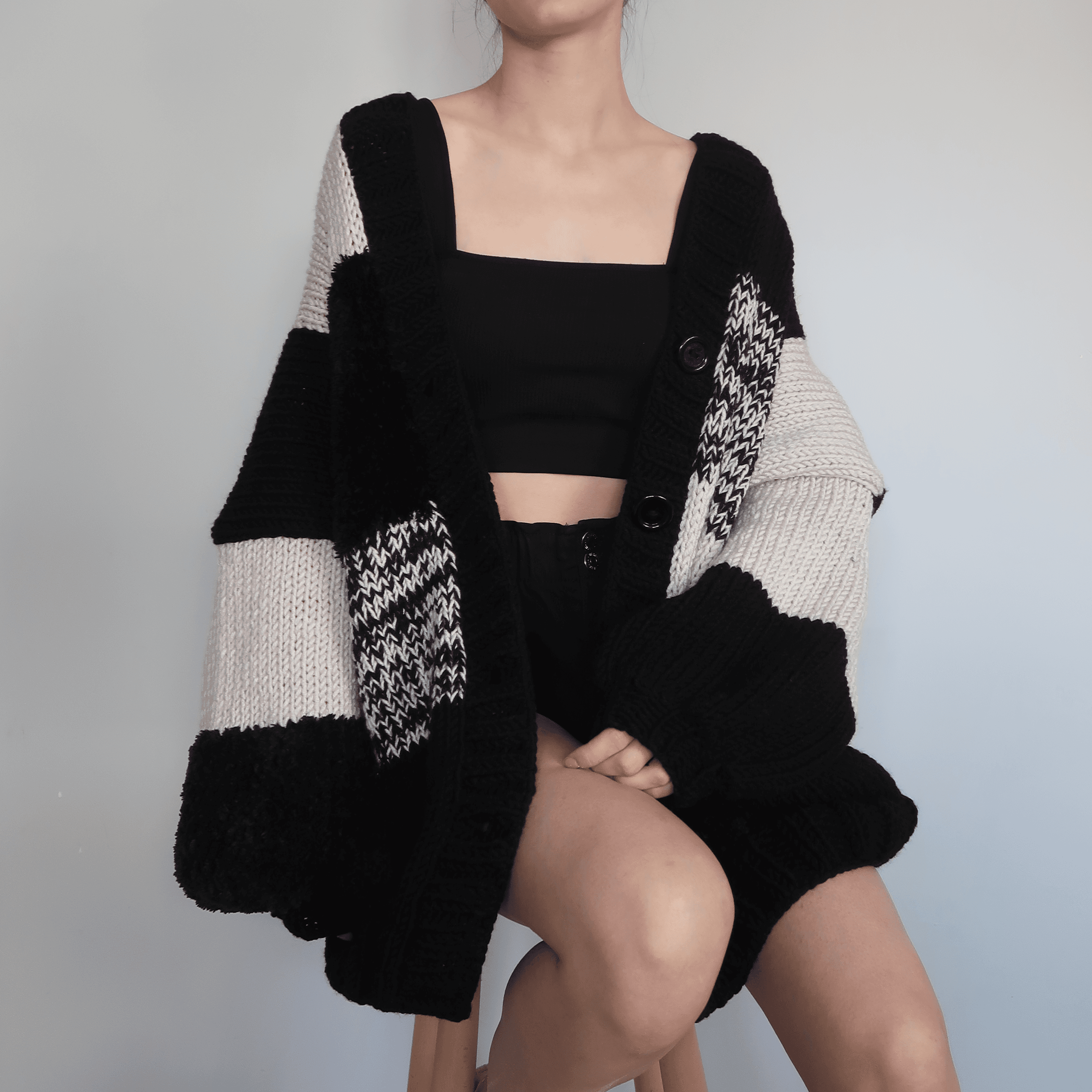 Thinner Black Patchwork Cardigan