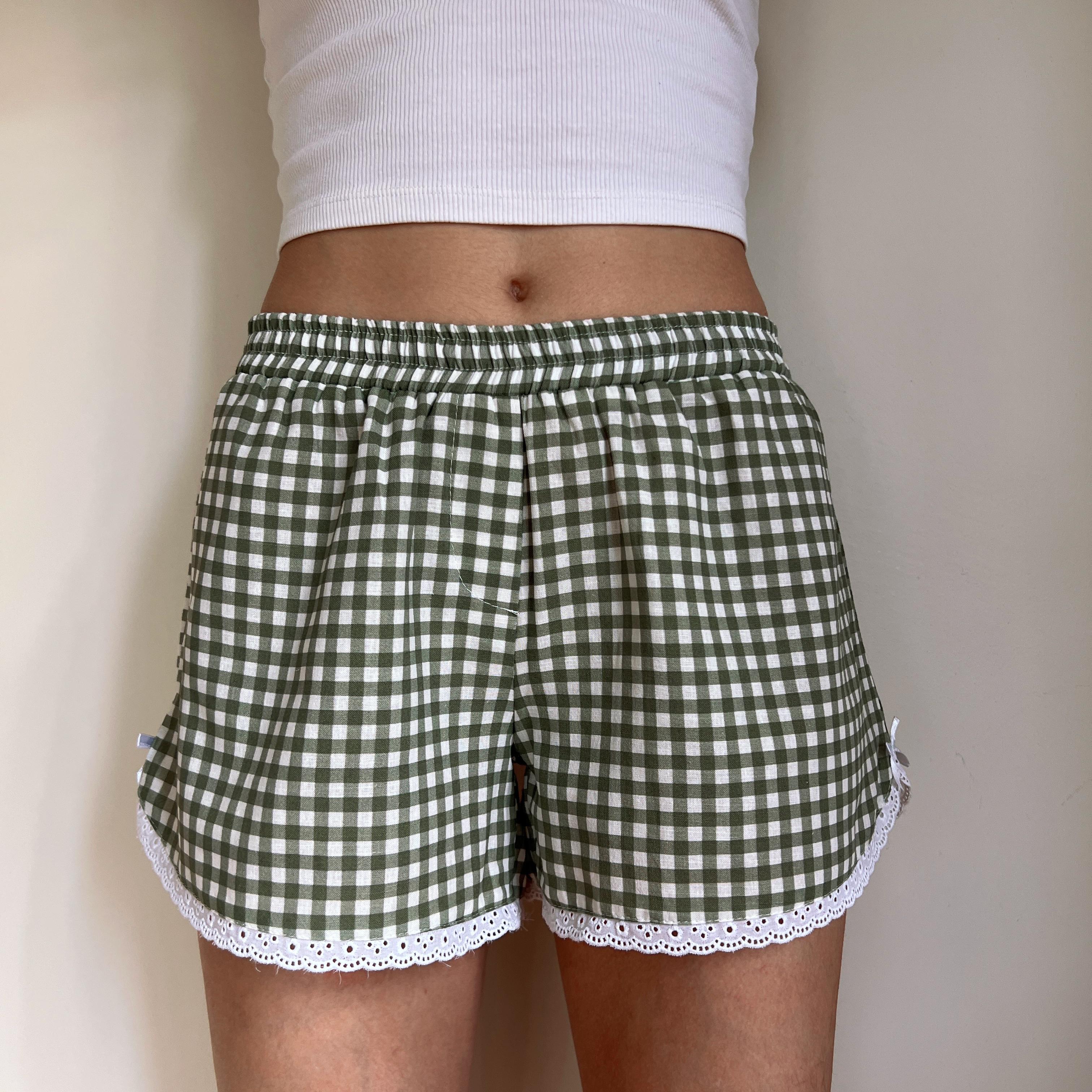 Linen Gingham Check Handmade Shorts with Lace Detail - Green