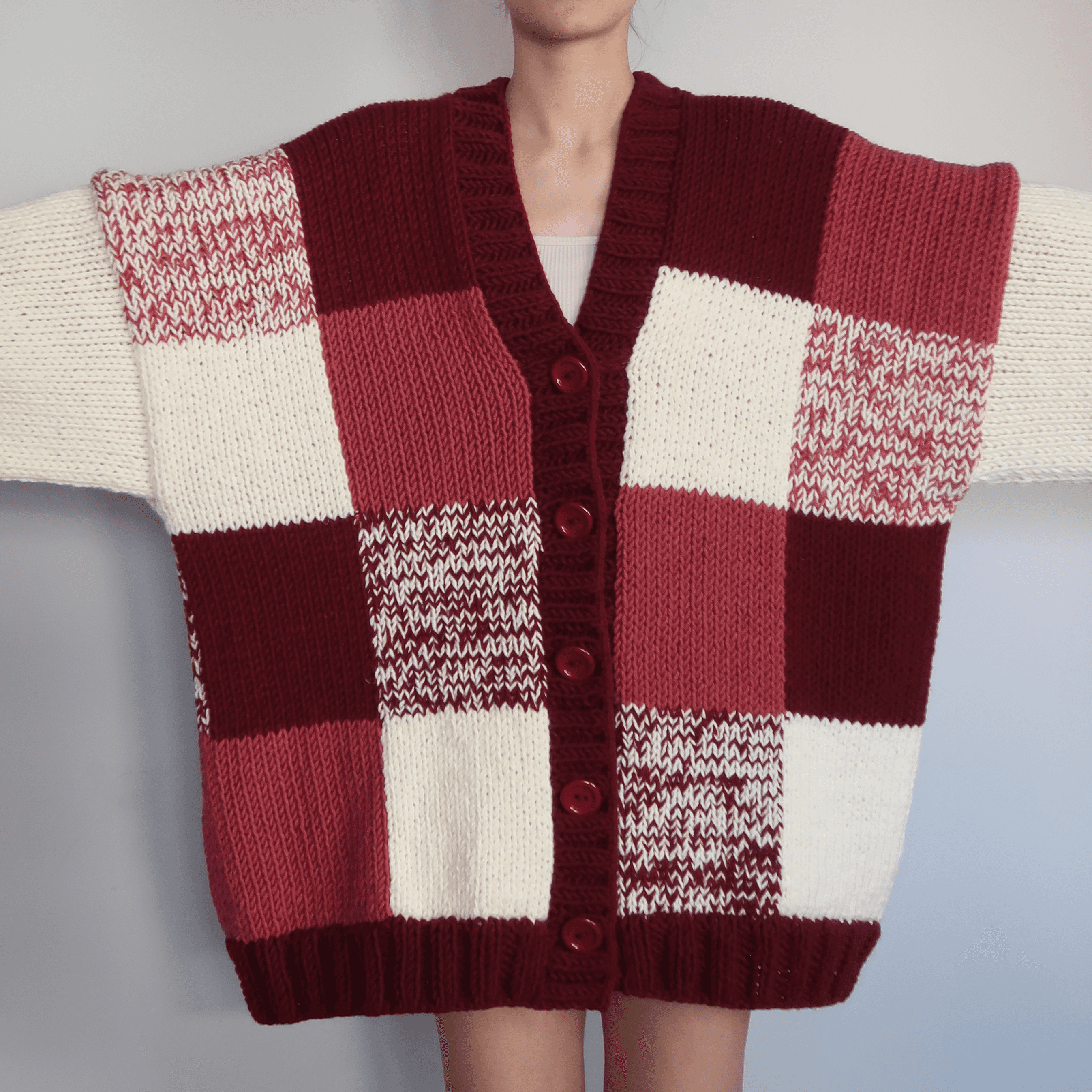 Thinner Maroon Patchwork Cardigan