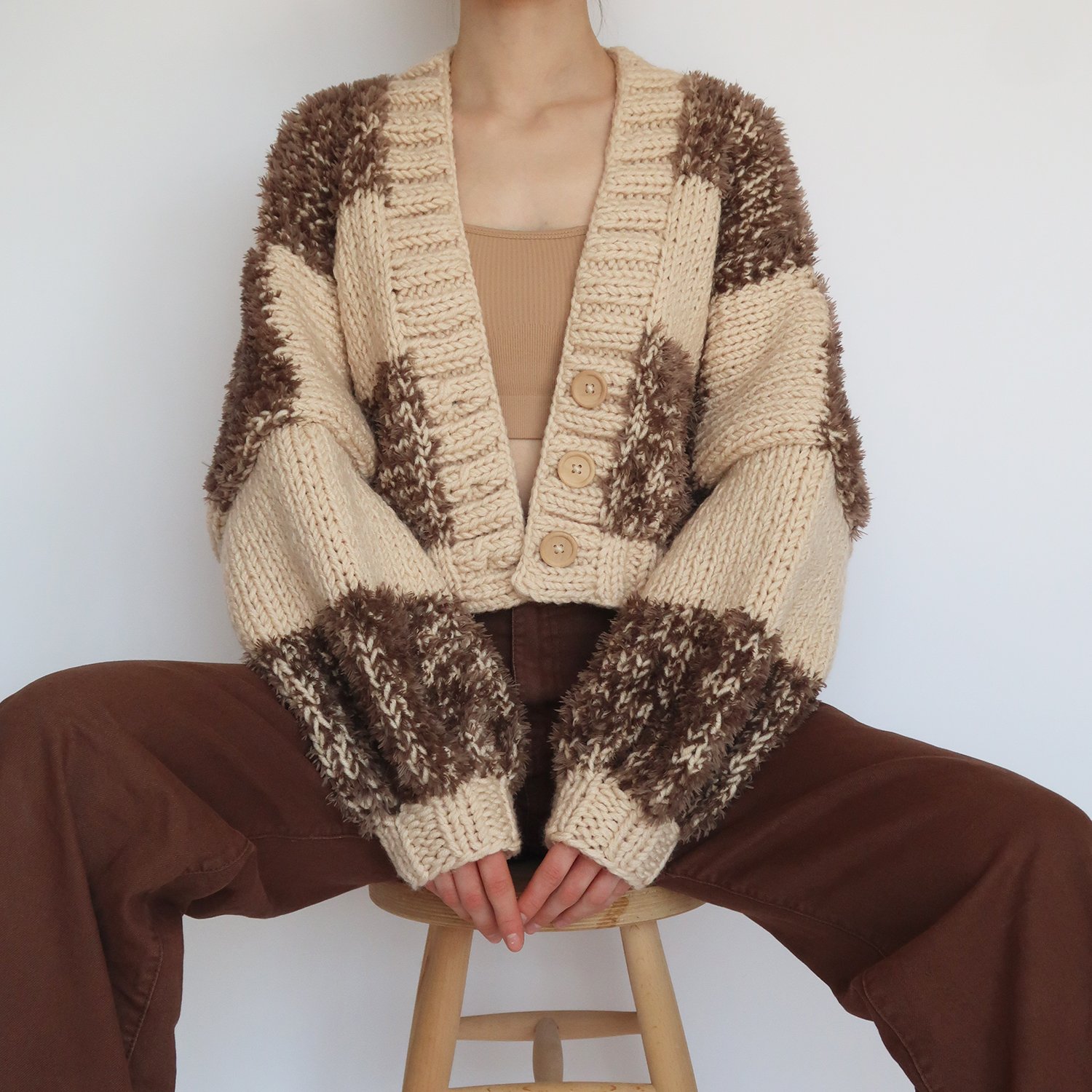 Light Brown Fluffy Patchwork Cardigan