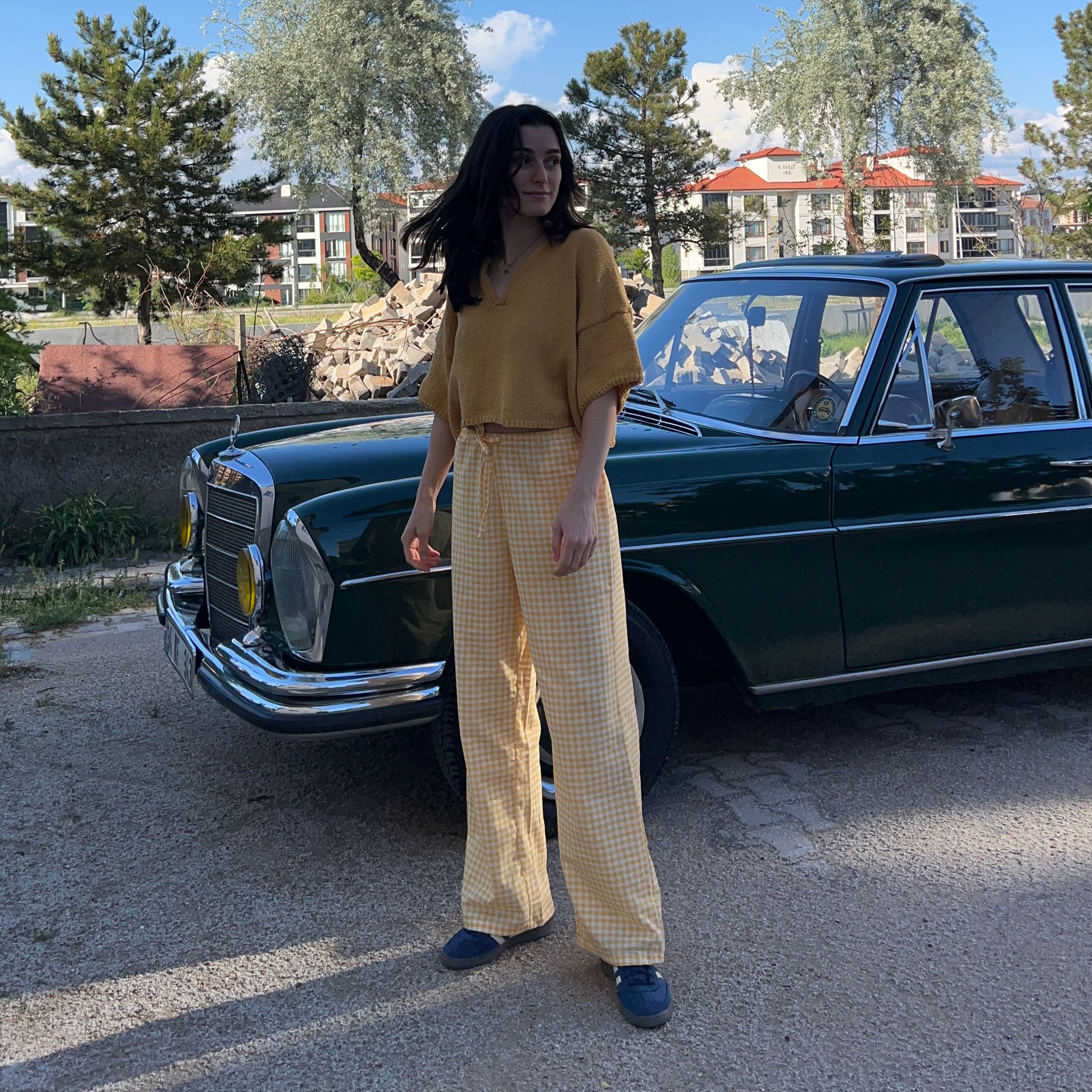 100% Linen Gingham Check Mid-Rise Trousers with Pockets - Yellow