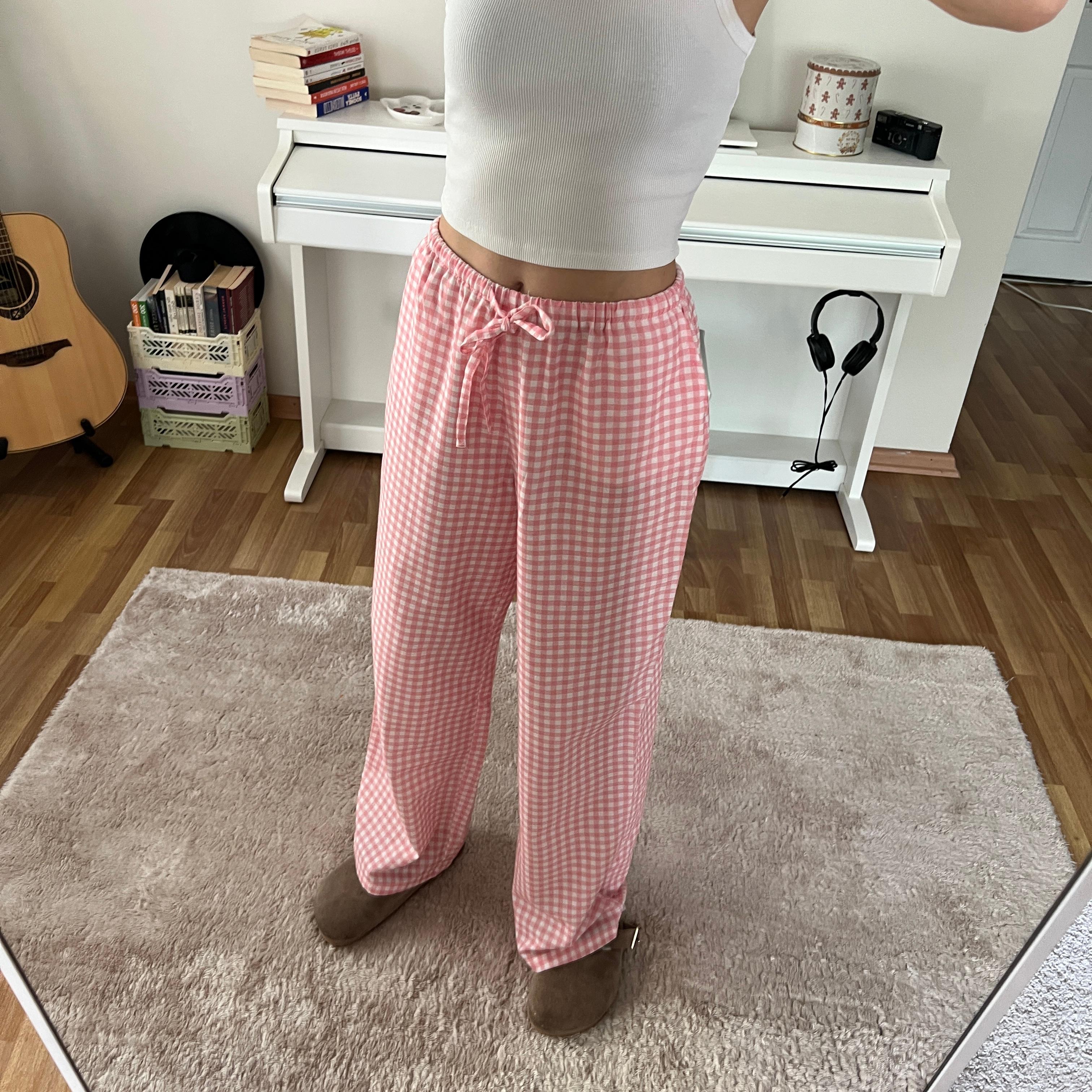 100% Linen Gingham Check Mid-Rise Trousers with Pockets - Pink