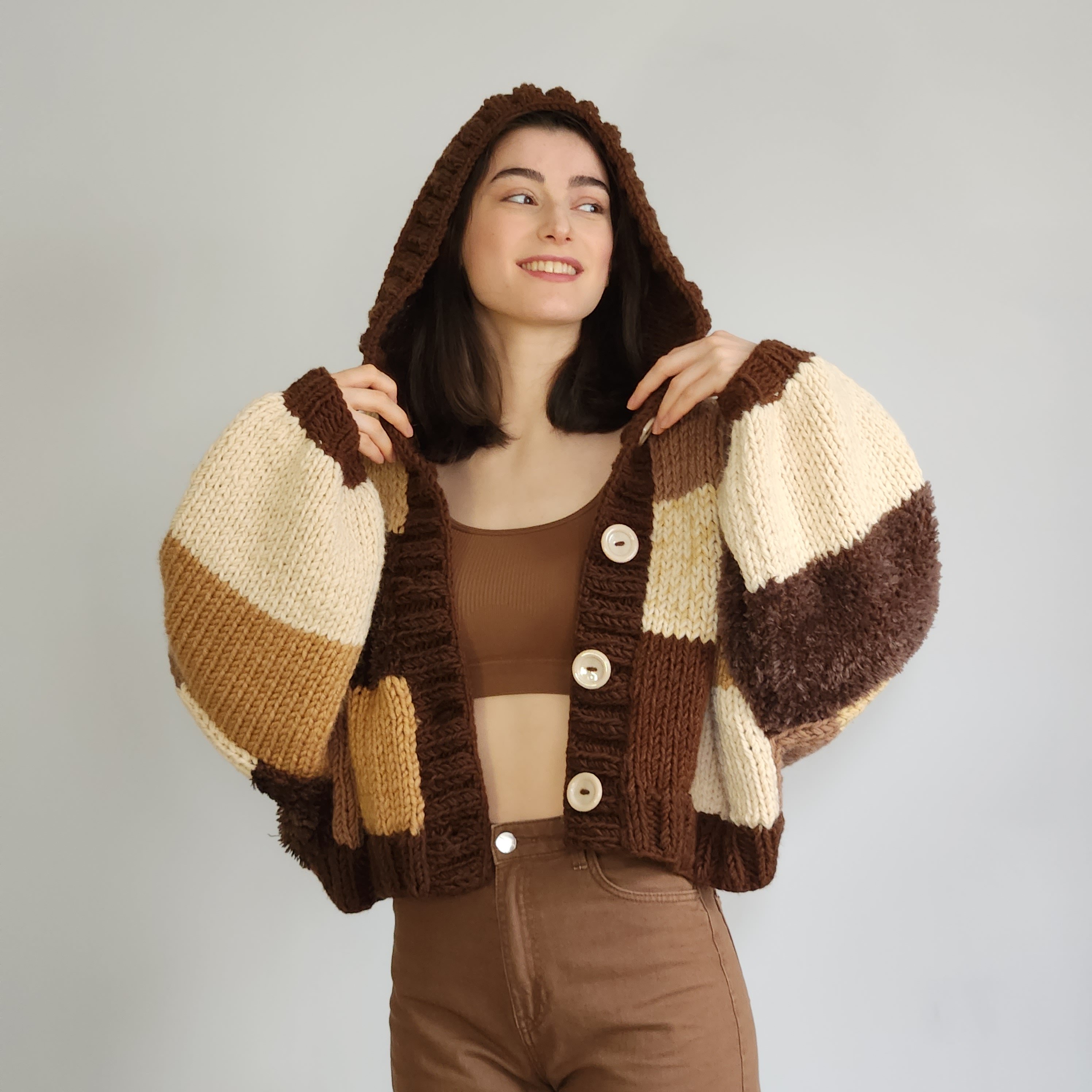 Hooded Dark Chocolate Patchwork Cardigan