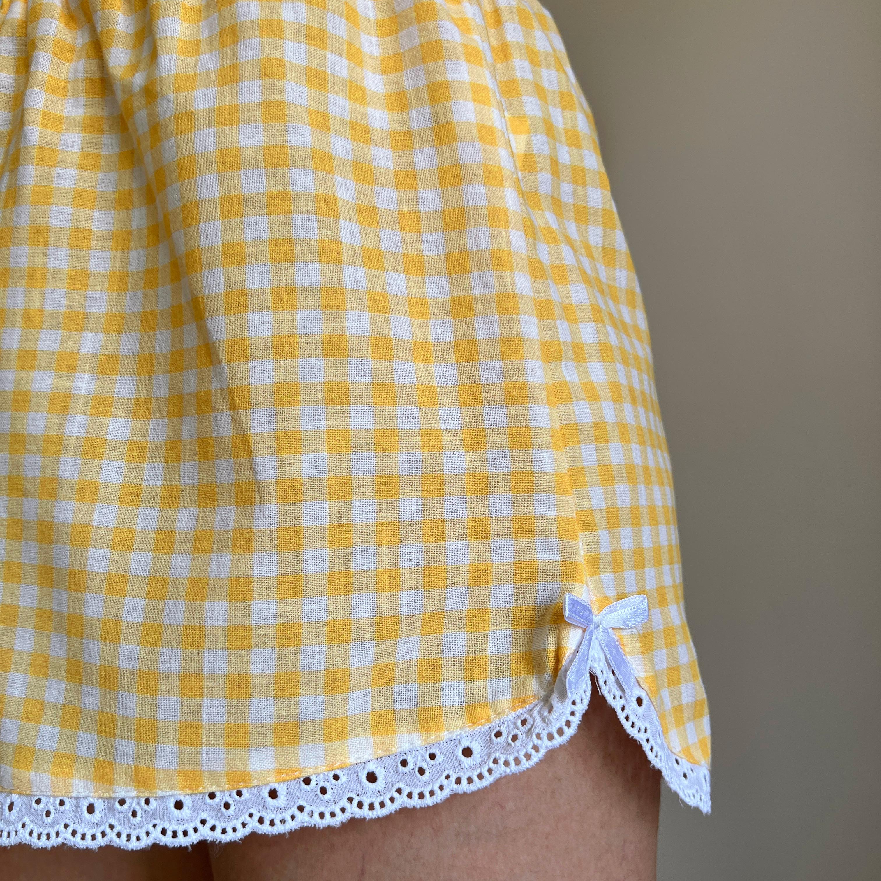 Linen Gingham Check Handmade Shorts with Lace Detail - Yellow