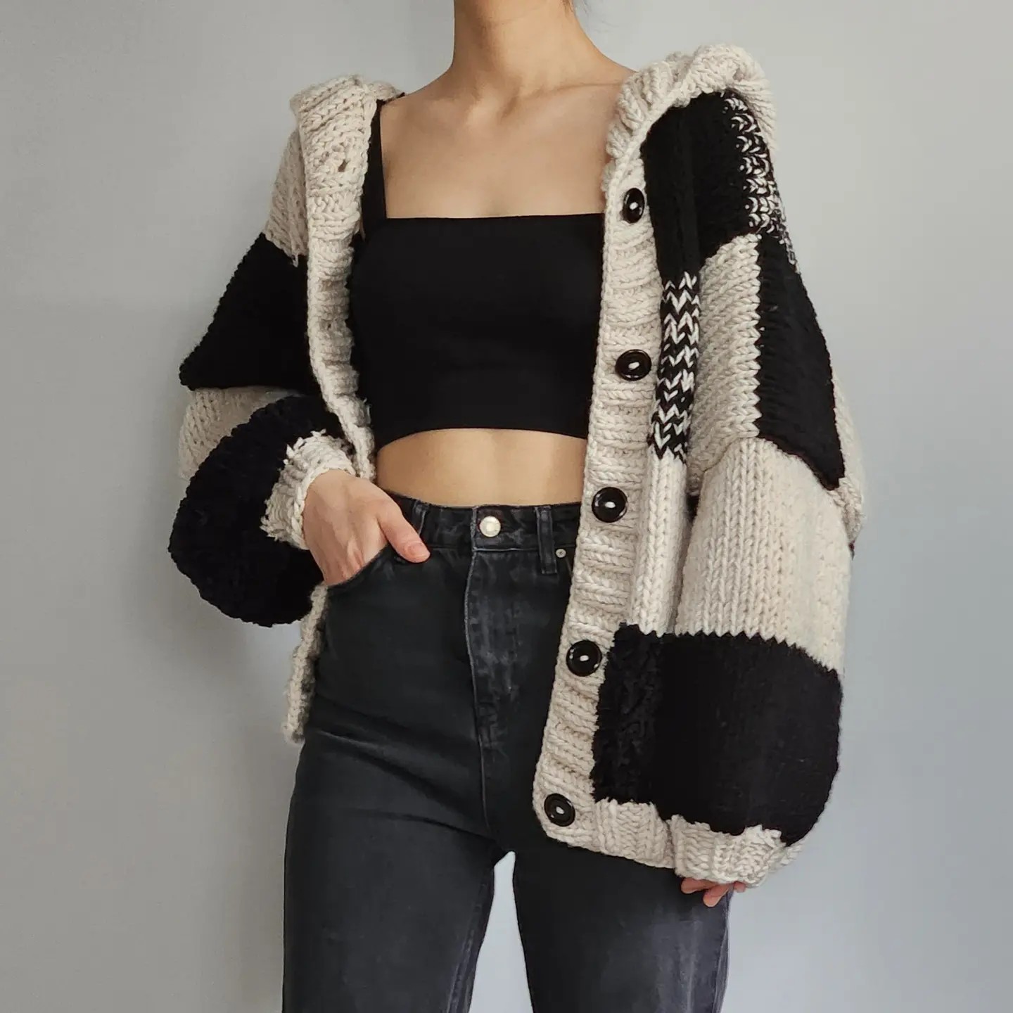 Hooded Black Patchwork Cardigan