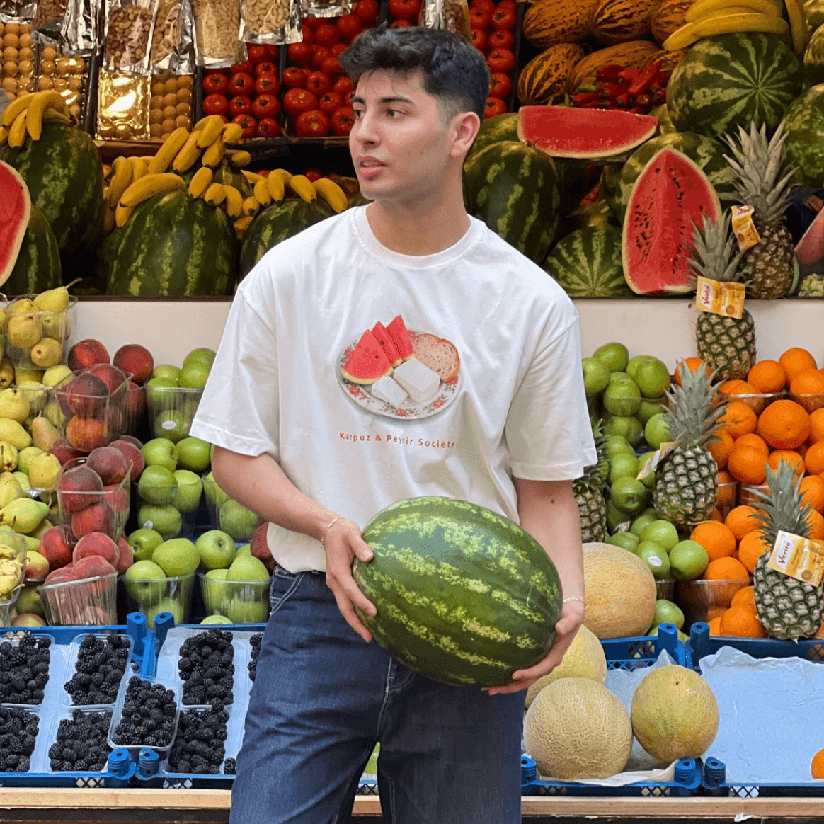 100% Cotton Crew Neck Boxy Fit Short Sleeve T-Shirt - Karpuz Peynir Society