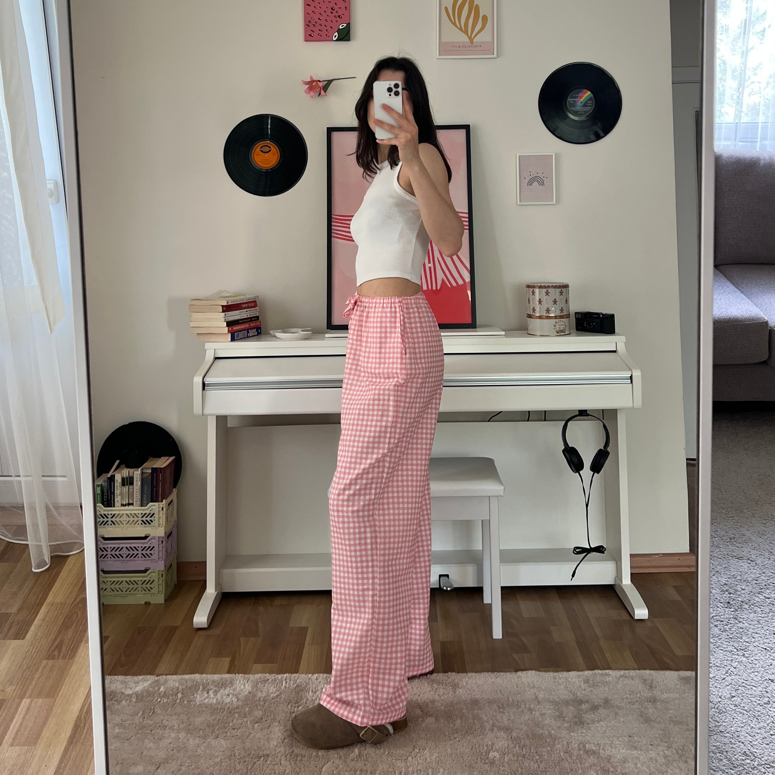 100% Linen Gingham Check Mid-Rise Trousers with Pockets - Pink