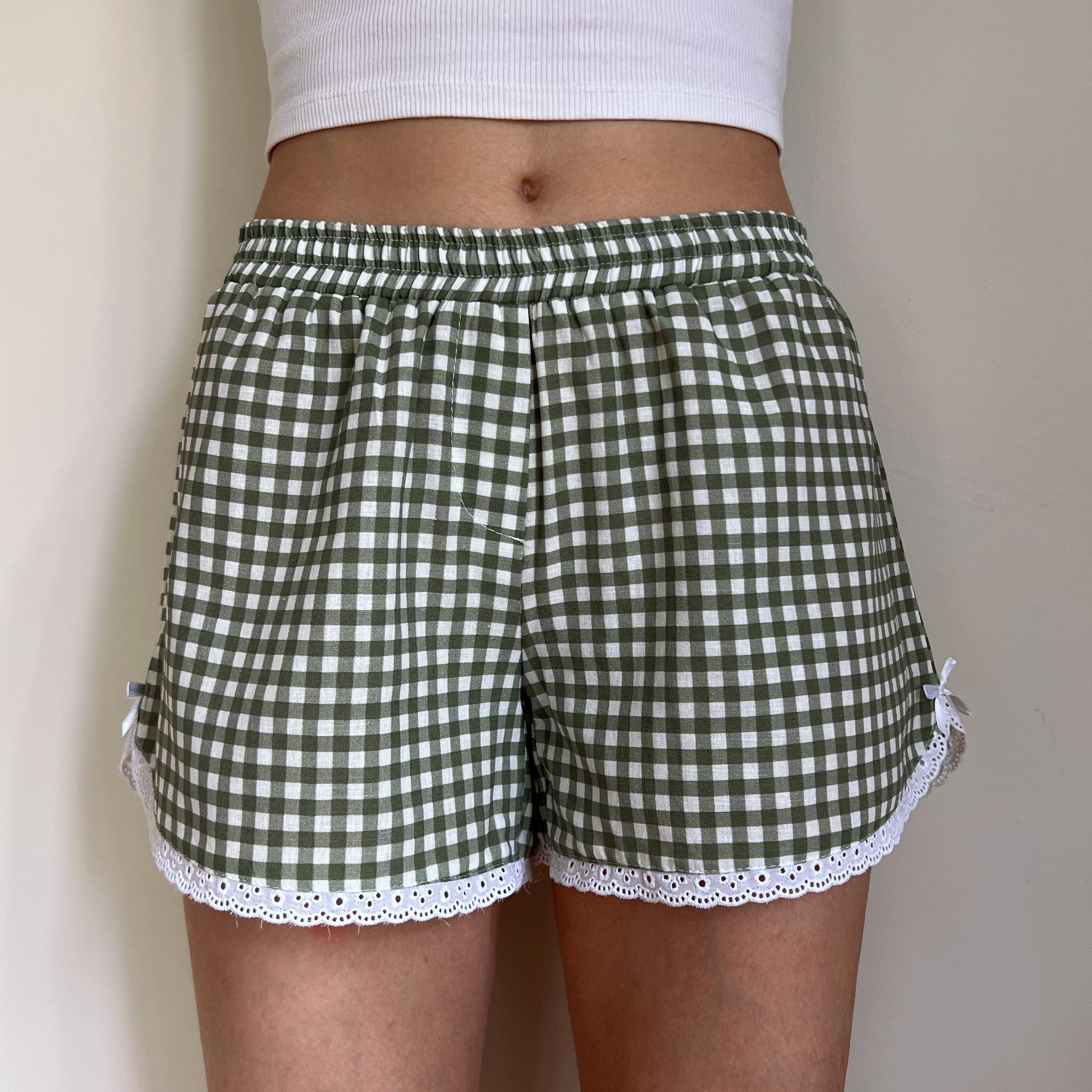 Linen Gingham Check Handmade Shorts with Lace Detail - Green