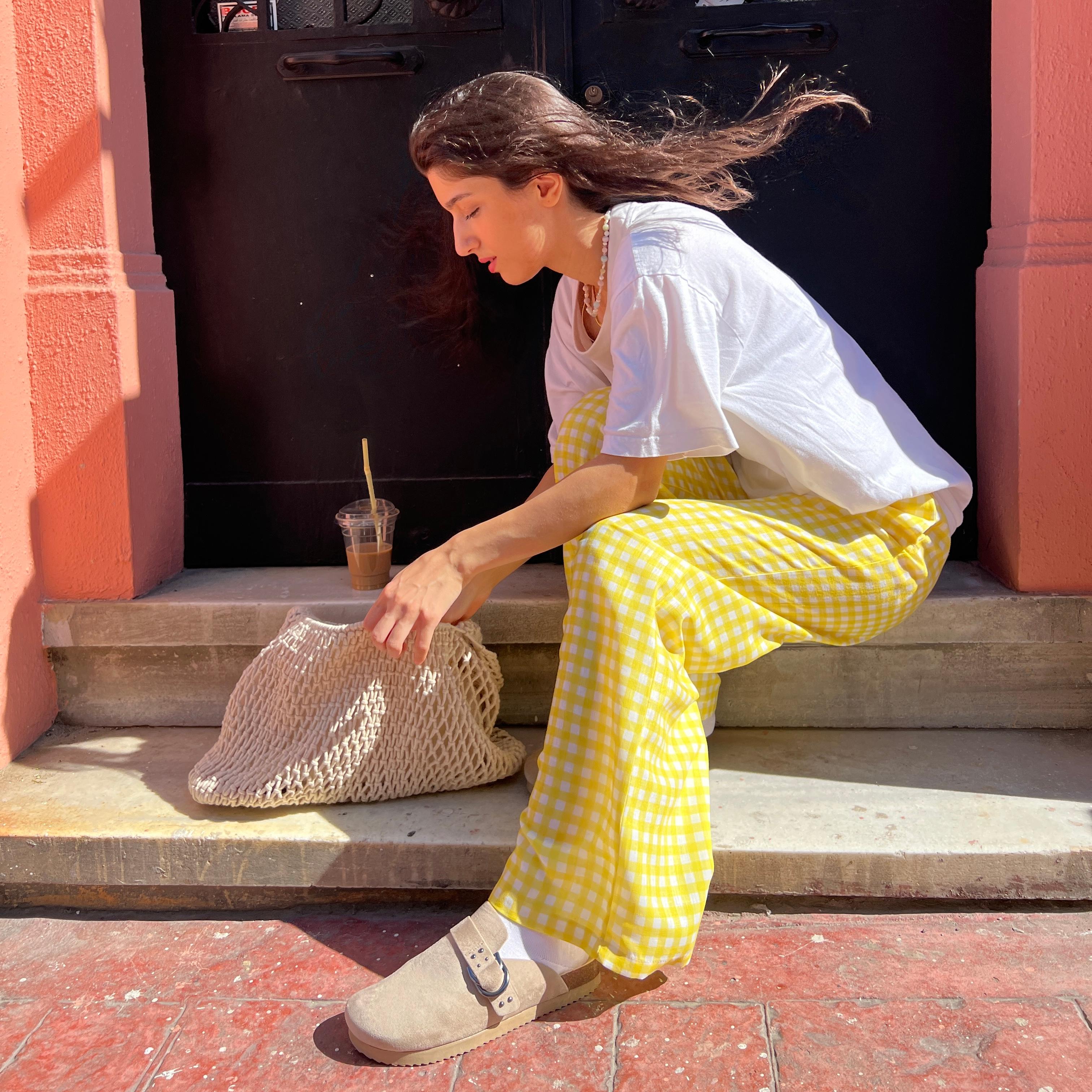 Straight-leg Linen Blend Handmade Gingham Trousers - Yellow