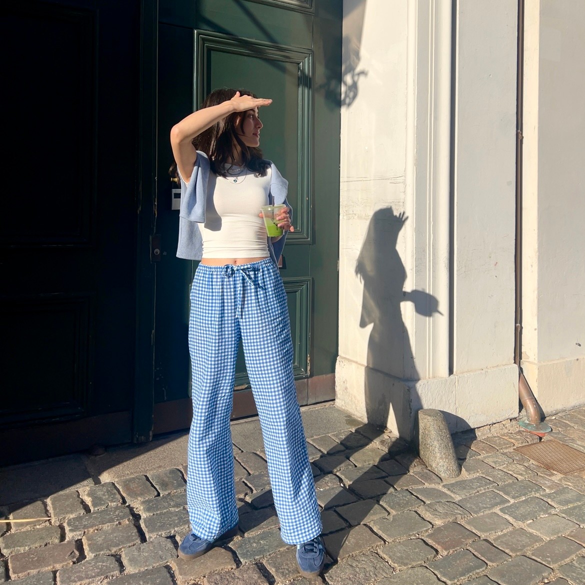 100% Linen Gingham Check Mid-Rise Trousers with Pockets