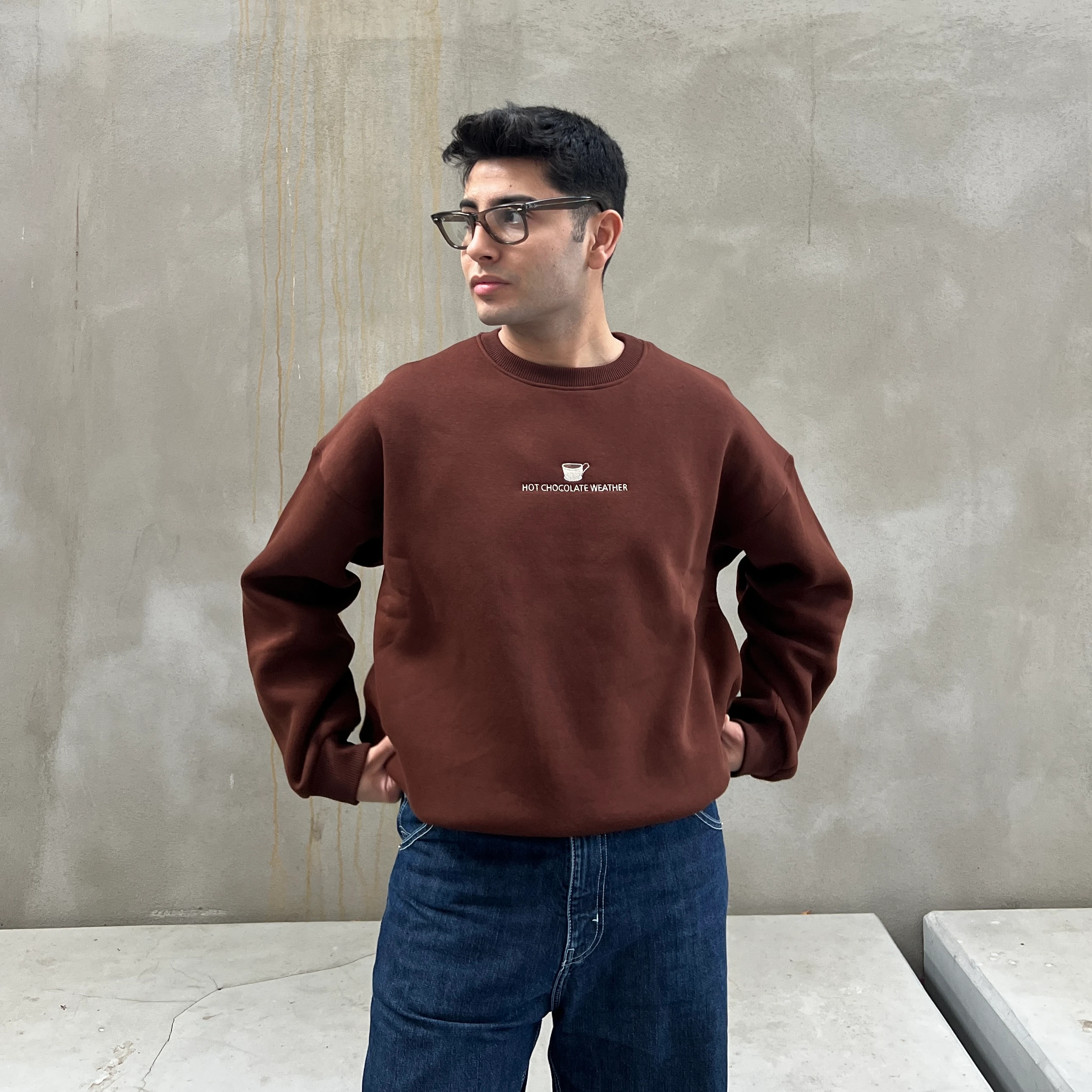 Hot Chocolate Weather Embroidered Sweatshirt | Unisex Brown Oversized Cozy Sweatshirt | MÓIDE