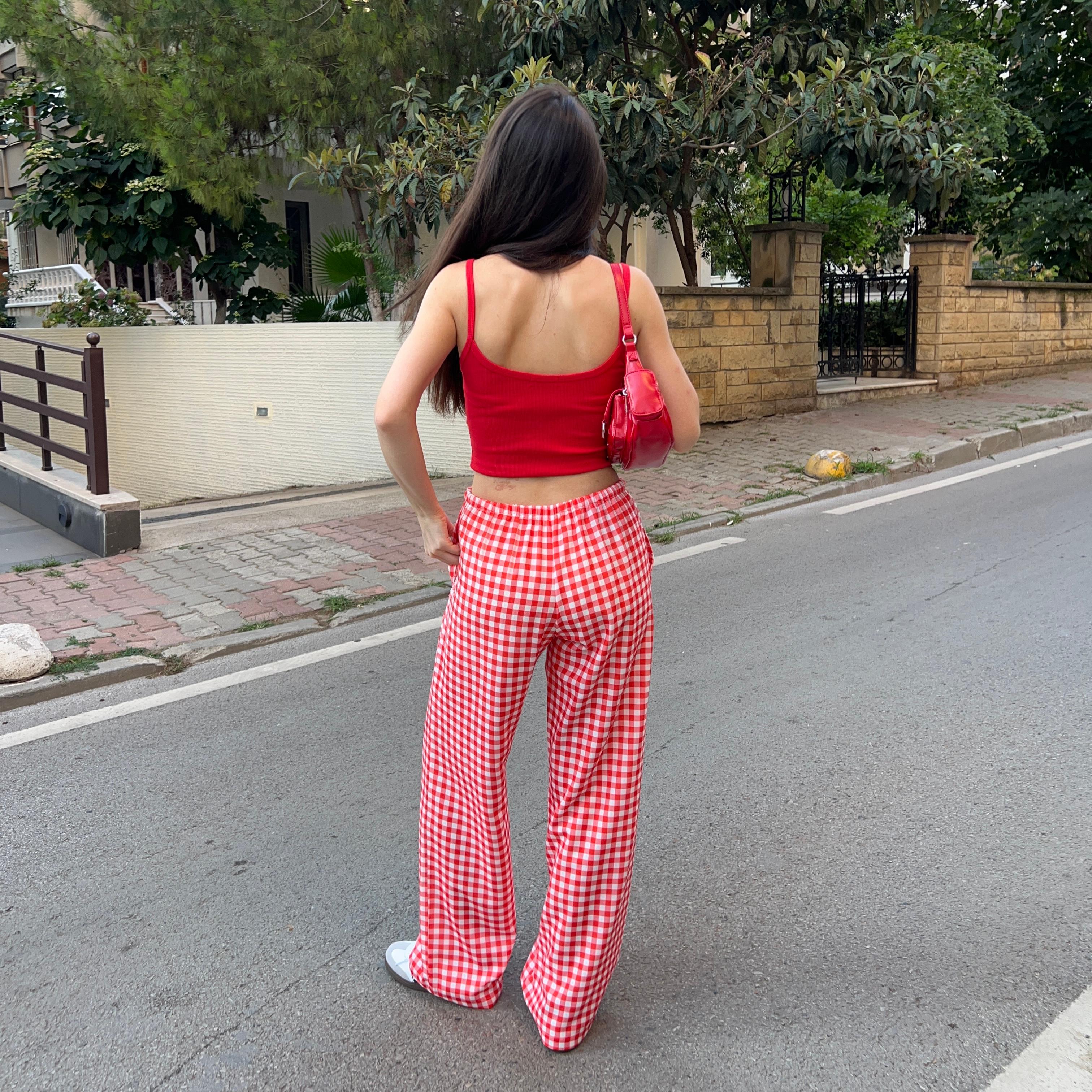 Straight-leg Linen Blend Handmade Gingham Trousers - Red