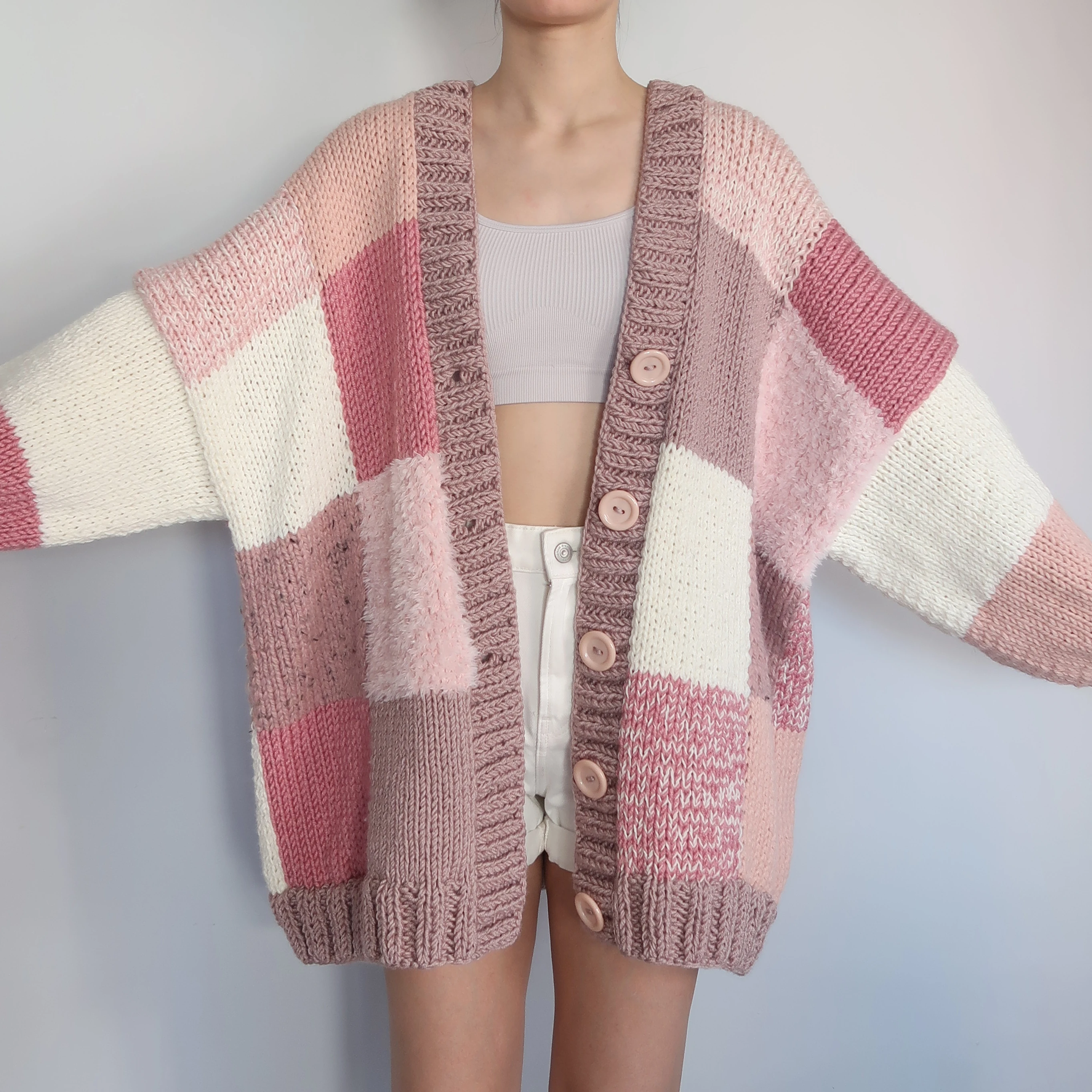 Thinner Pink Lilac Patchwork Cardigan