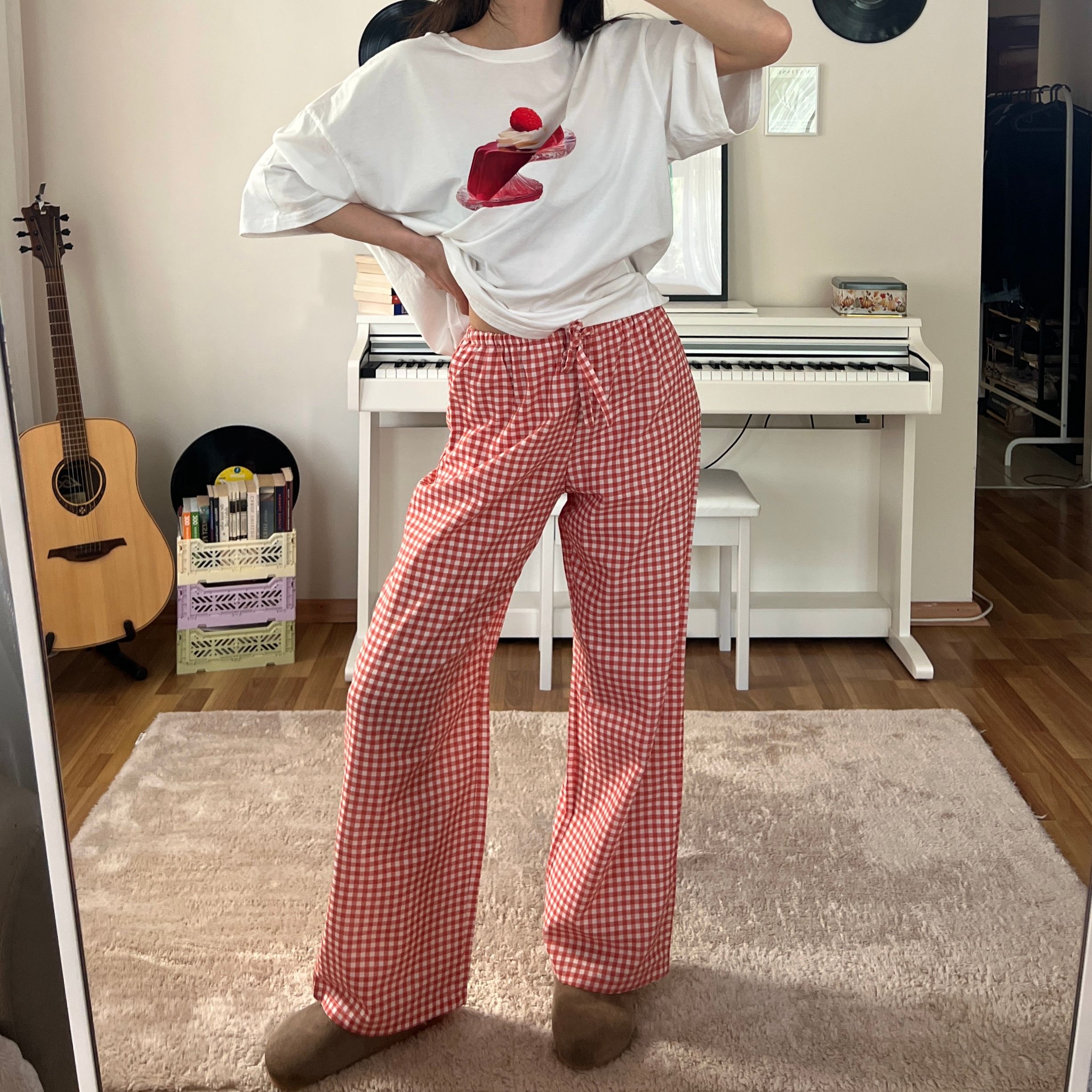 100% Linen Gingham Check Mid-Rise Trousers with Pockets - Brick Red