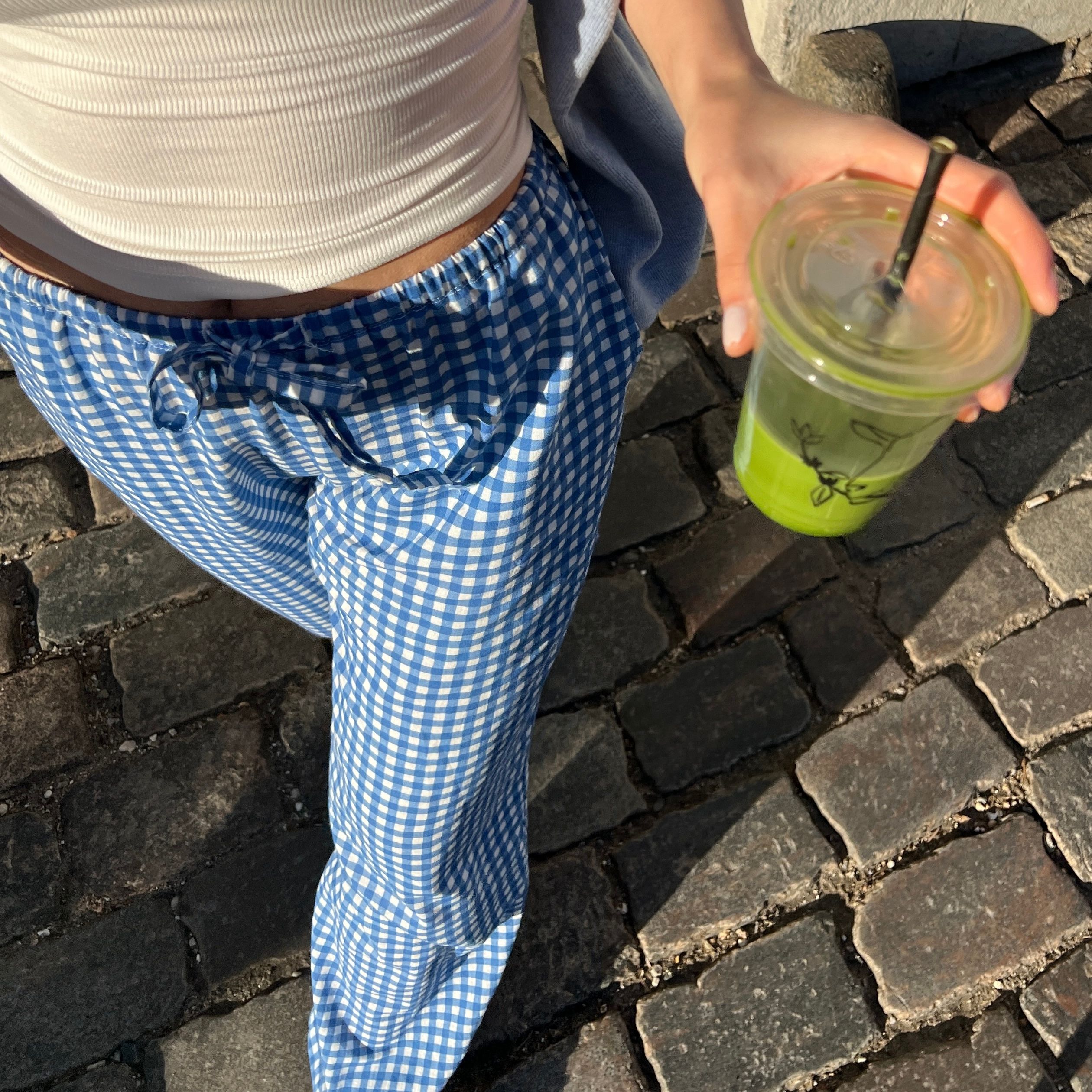 100% Linen Gingham Check Mid-Rise Trousers with Pockets