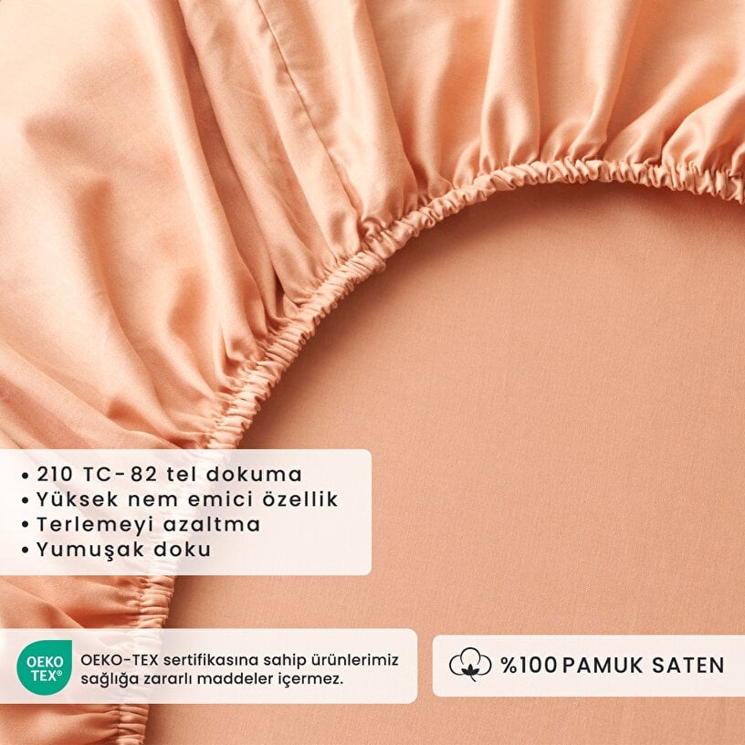 %100 Pamuk Saten Supreme Çift Kişilik Lastikli Çarşaf Somon (160x200x35 cm)