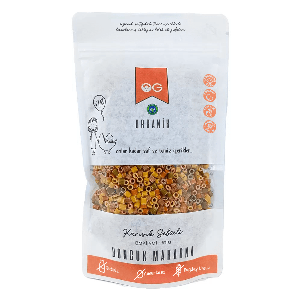 Organik Karışık Sebzeli Bakliyat Unlu Boncuk Makarna 200 Gr +8 Ay