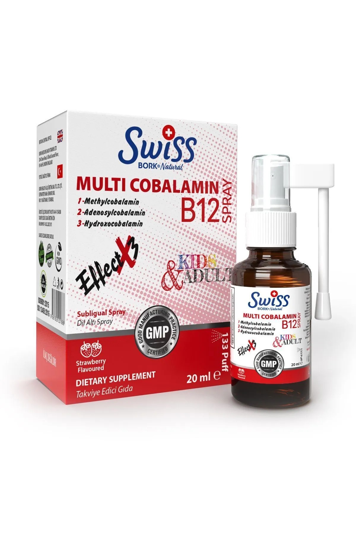 Swiss Bork Methyl Cobalamin B12 Sprey 20 ml Çilek Aromalı B12 Multicobalamin Sprey Çocuk ve Yetişkin