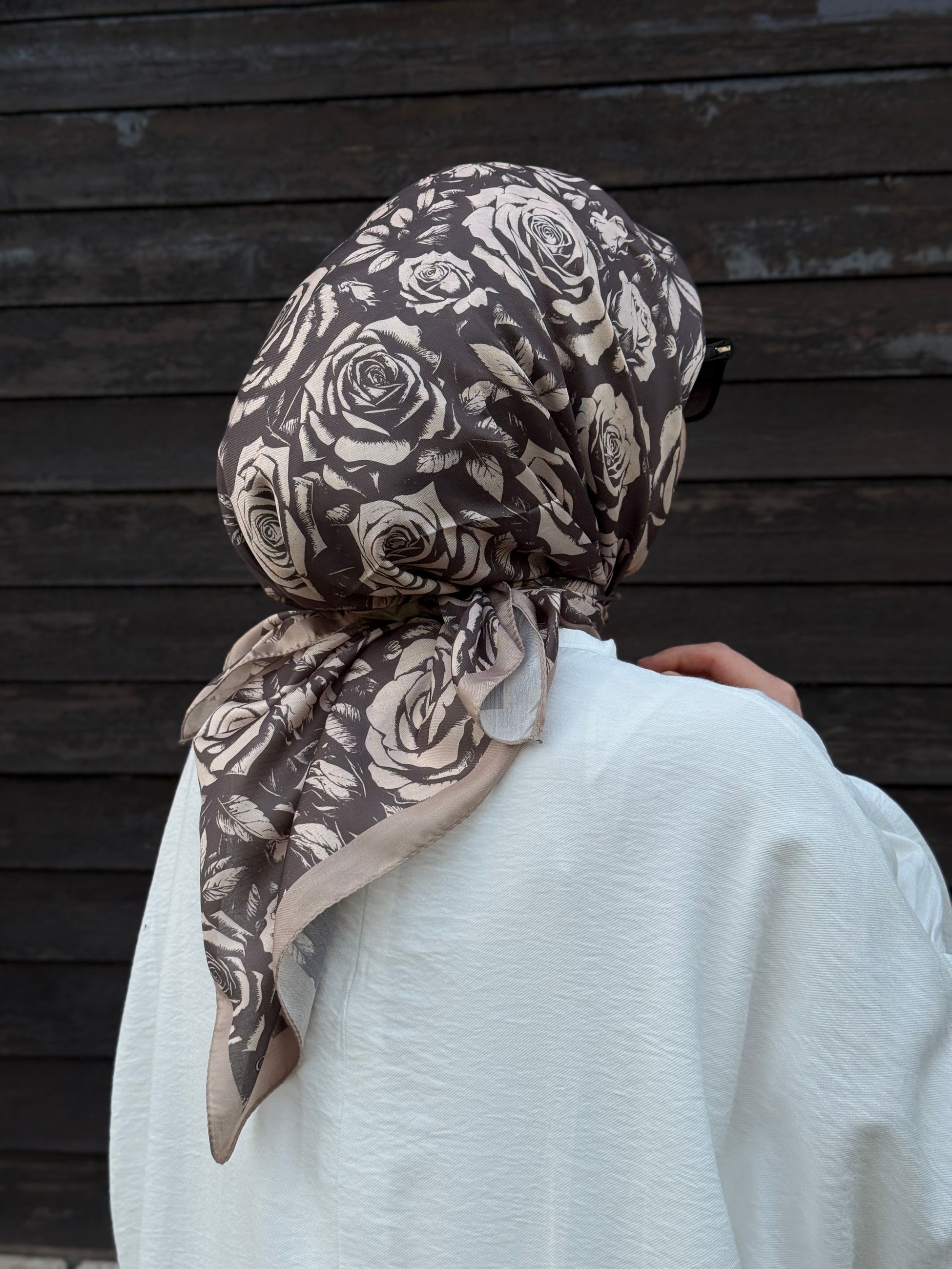 Pamuklu Soft Roza Desen Eşarp - Vizon