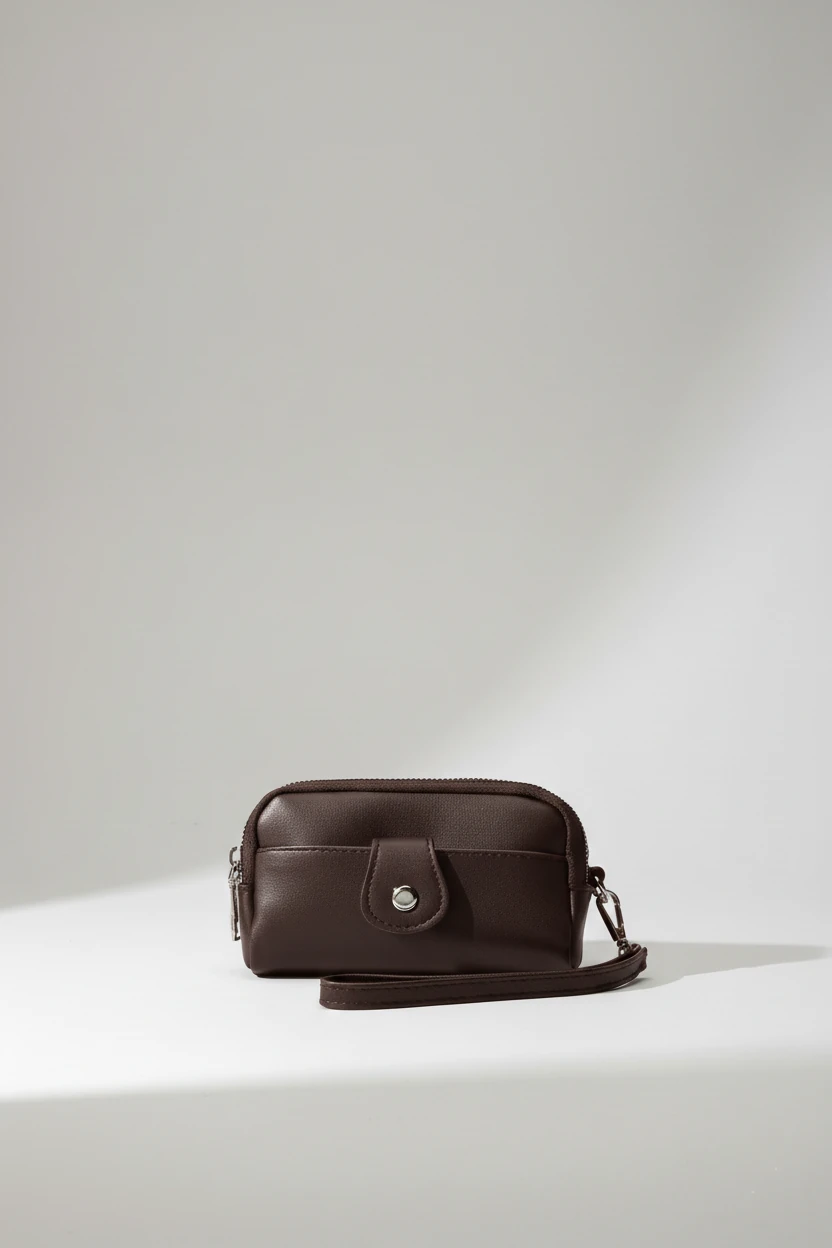 Çift Fermuarlı Kadın Cüzdanı - Koyu Kahverengi