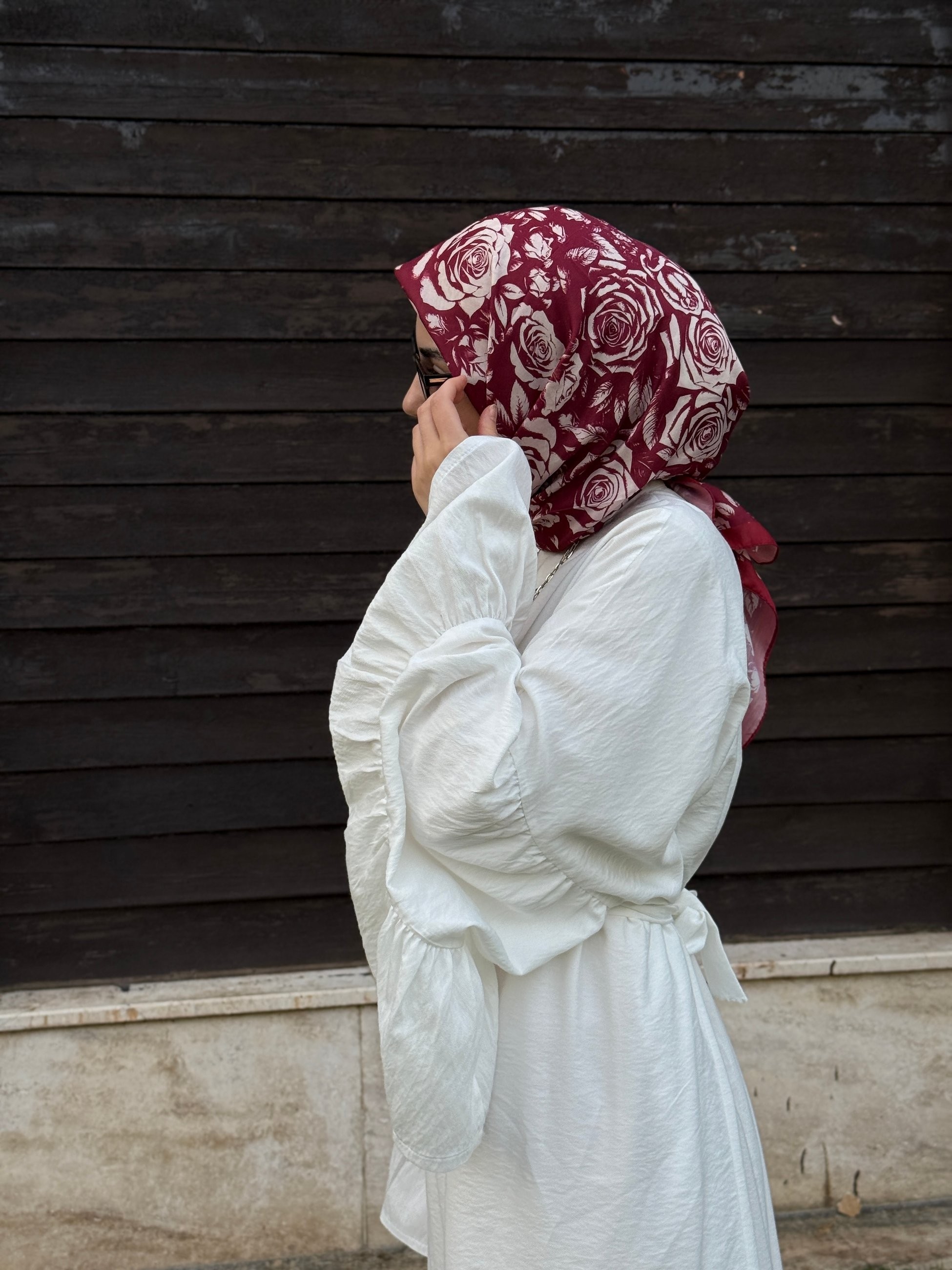 Pamuklu Soft Roza Desen Eşarp - Bordo