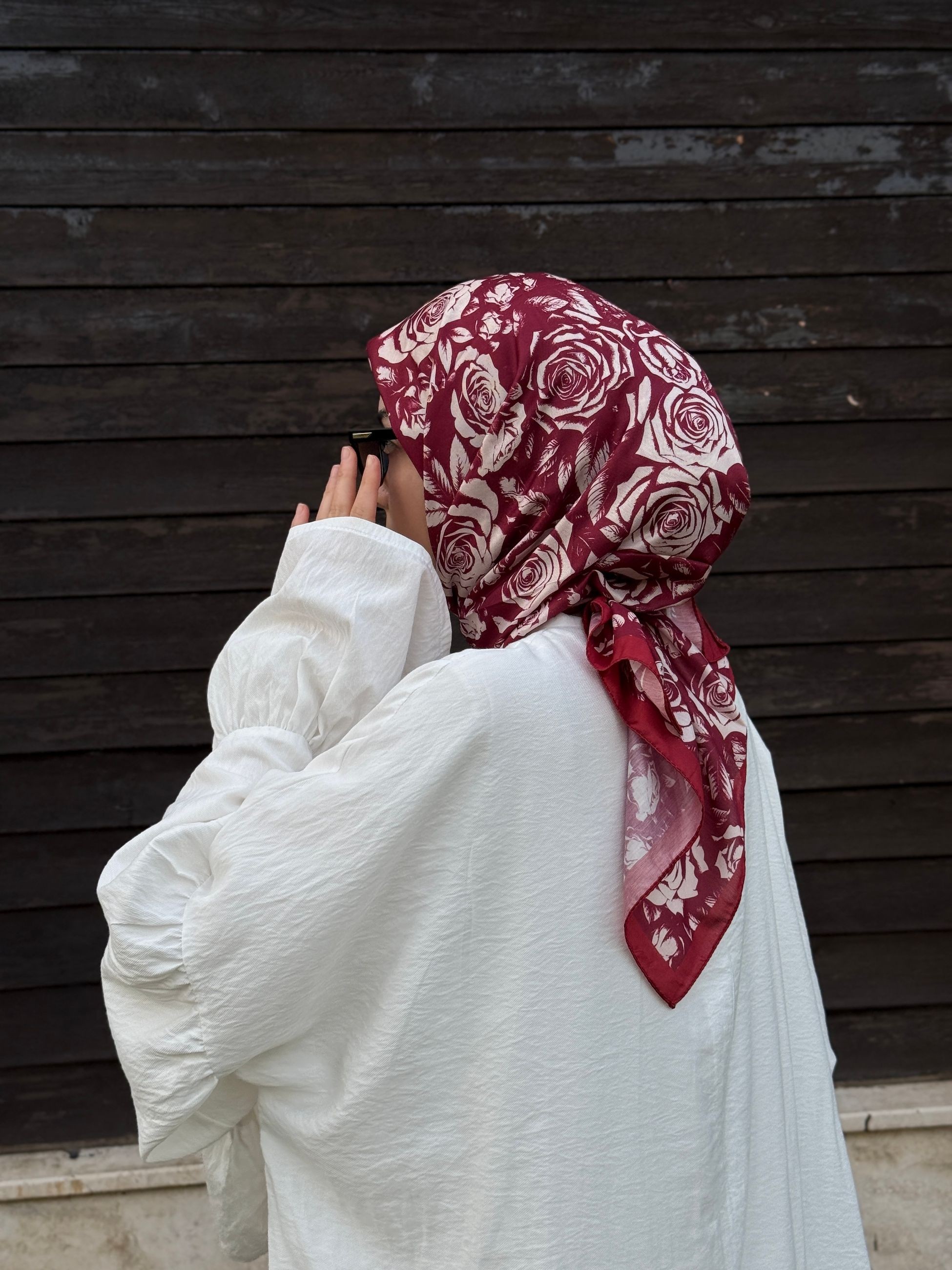 Pamuklu Soft Roza Desen Eşarp - Bordo