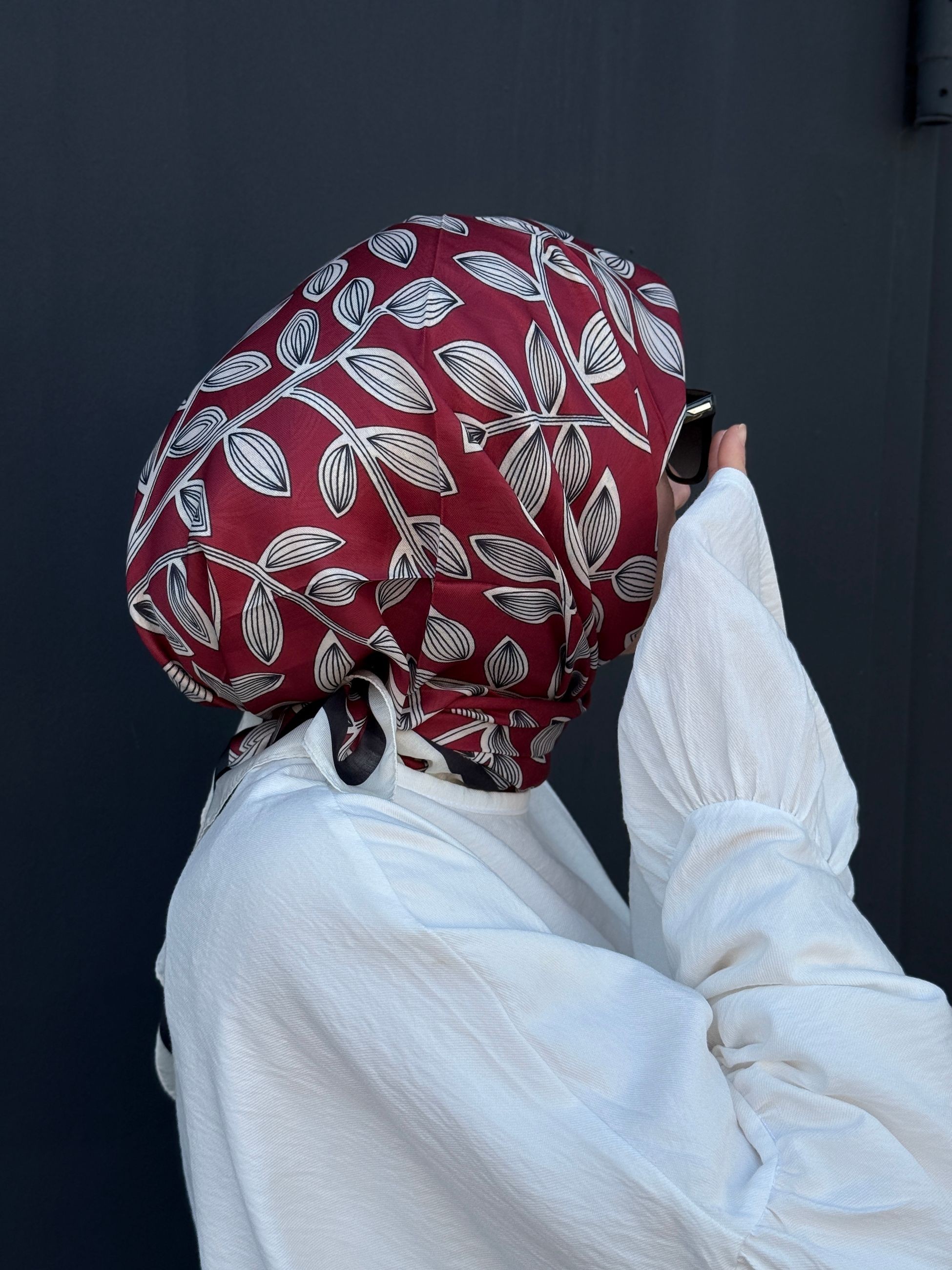 Pamuklu Soft Yaprak Desen Eşarp - Bordo