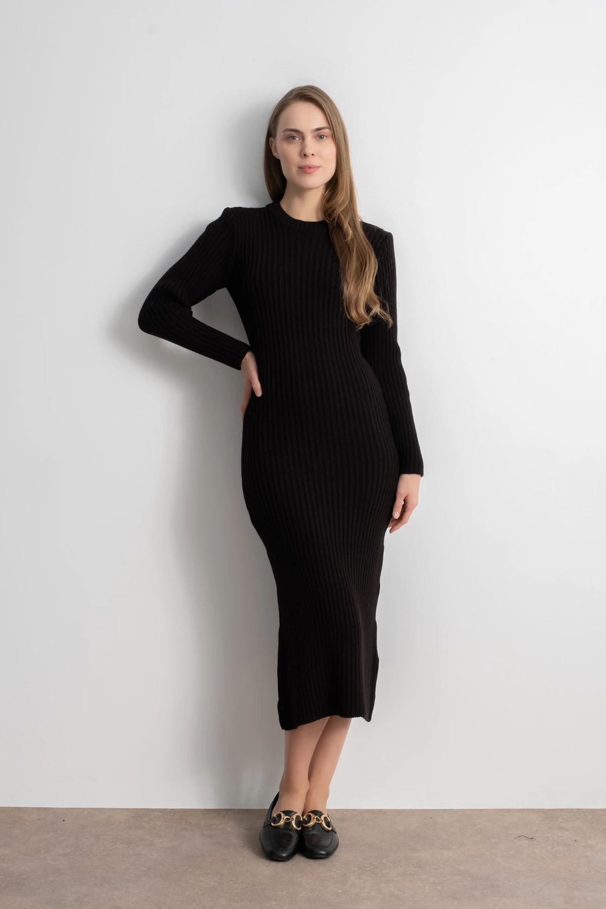 Kadın Fitilli Triko Elbise - Siyah image