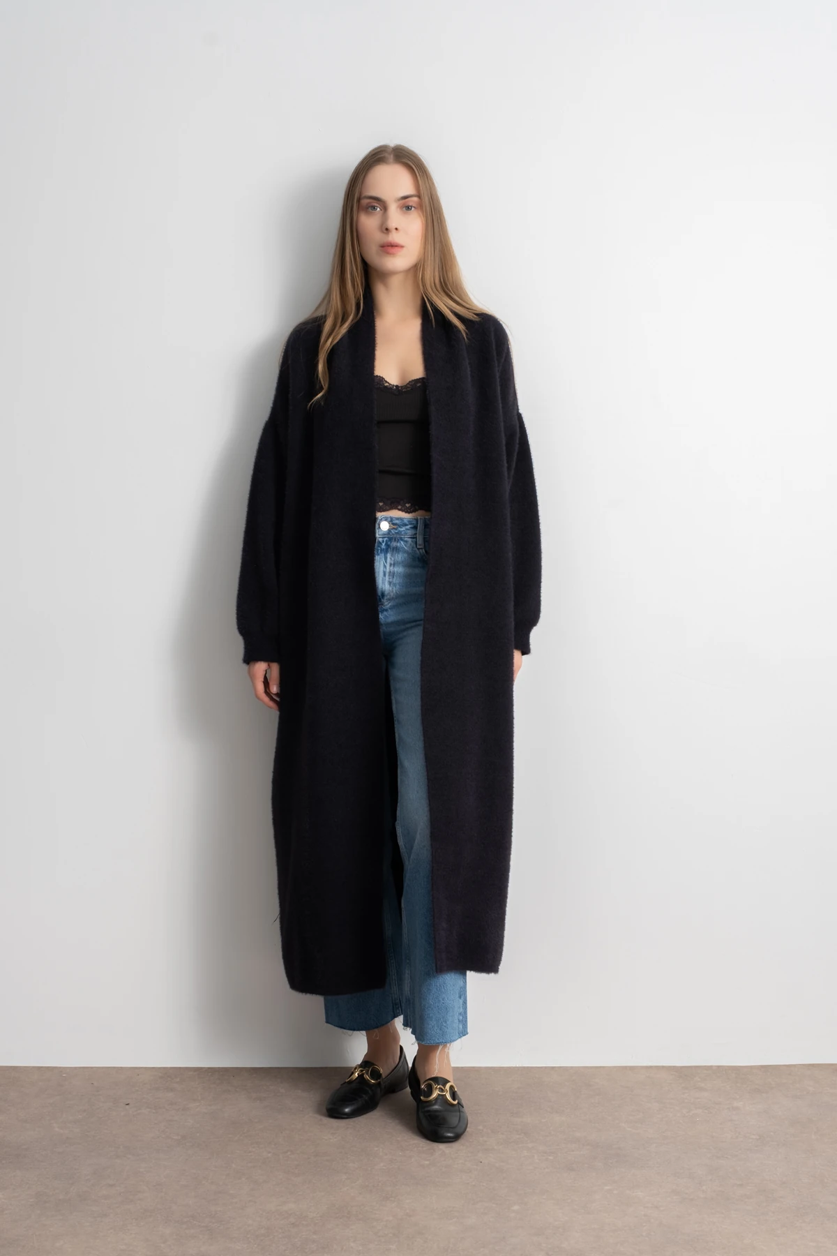 Kadın Şal Yaka Yumuşak Dokulu Uzun Triko Hırka - Siyah image