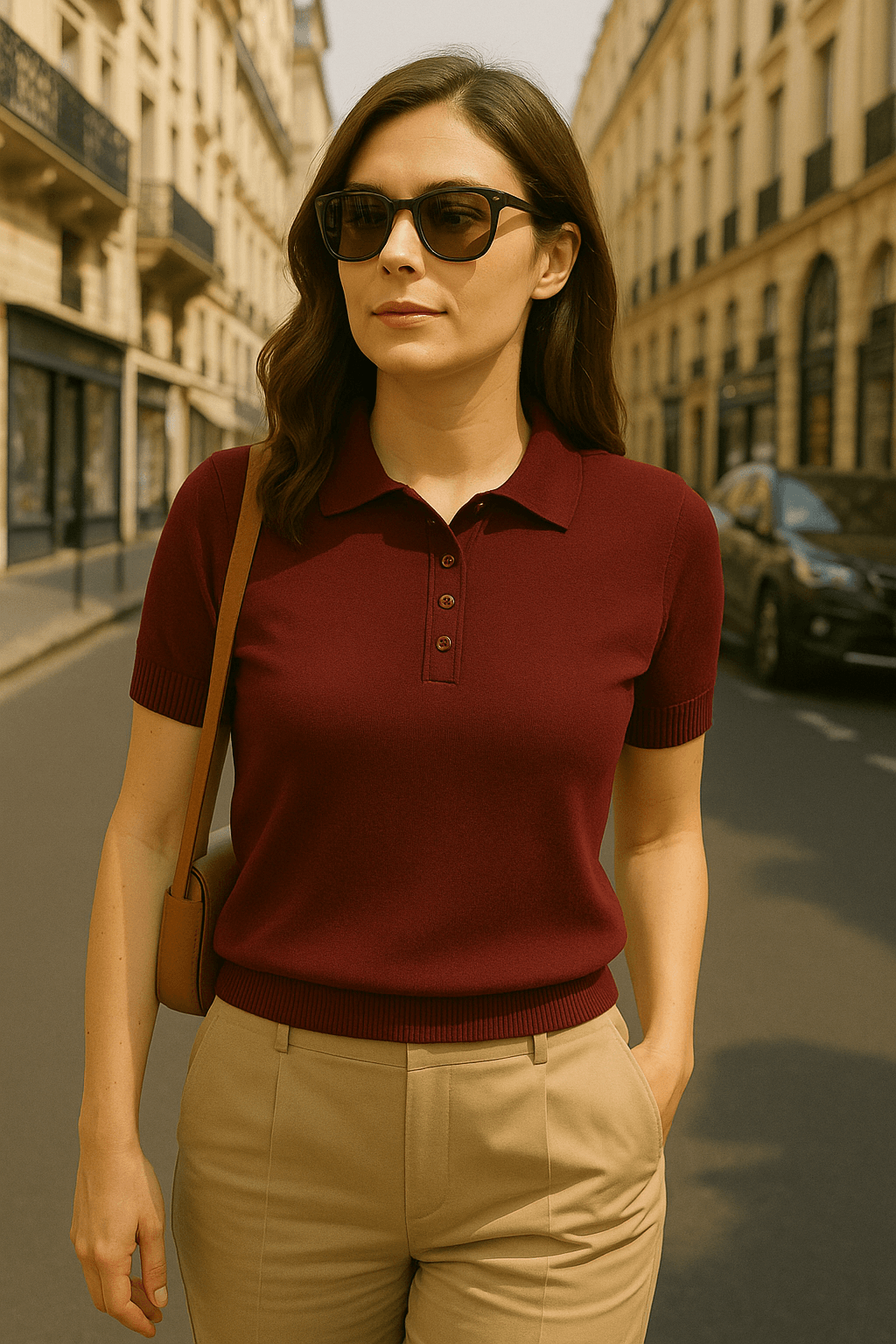 Polo Yaka Kısa Kollu Kadın Triko Tişört - Bordo