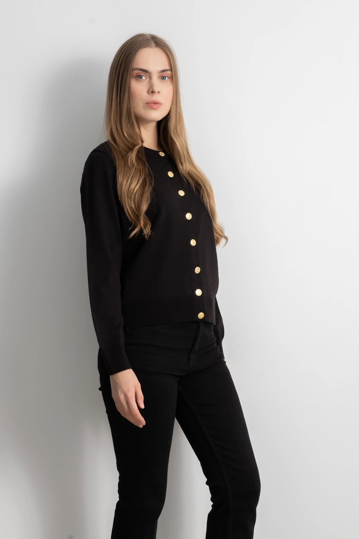 Kadın Gold Düğmeli Basic Triko Hırka