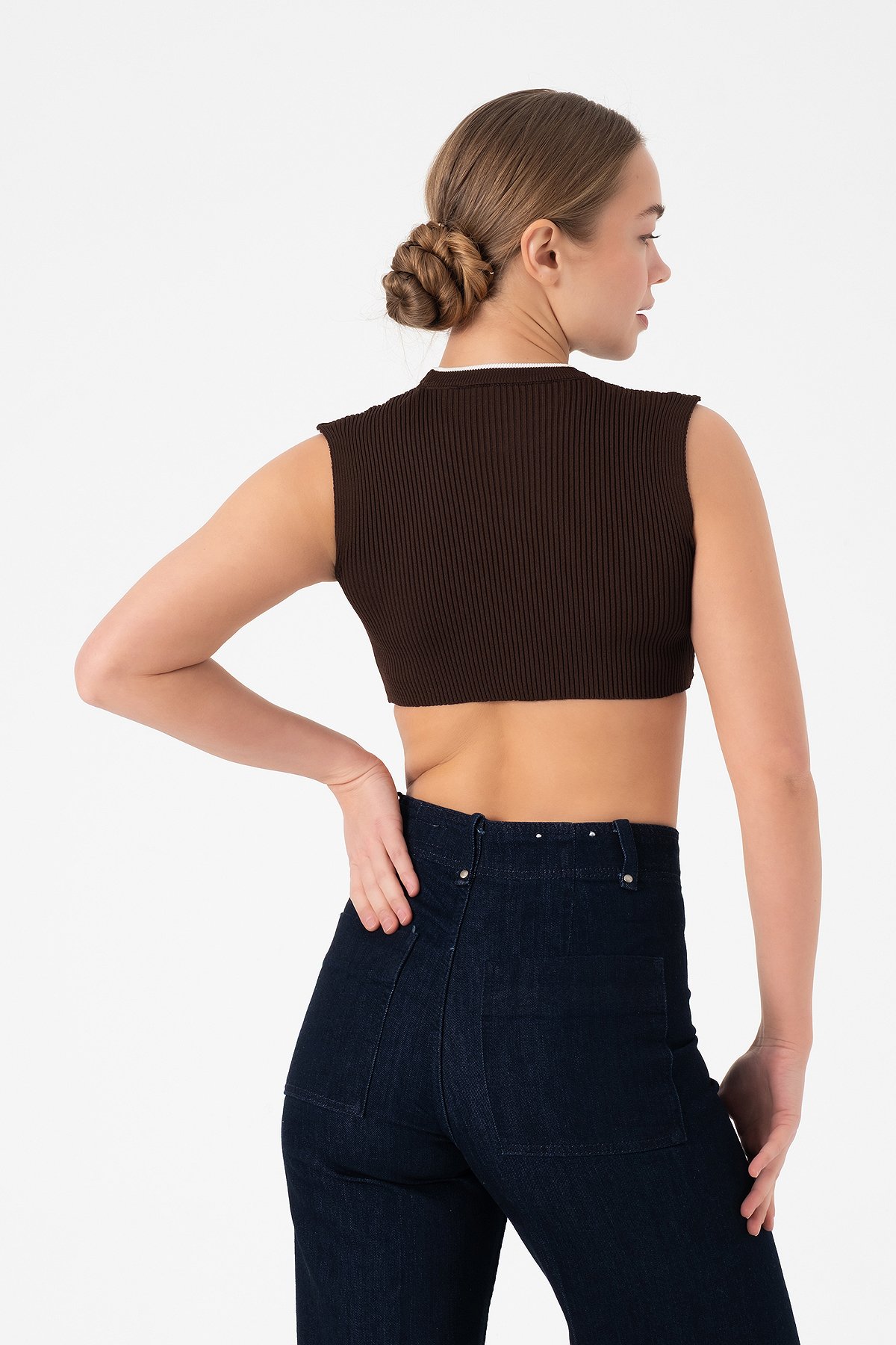 Kolsuz Triko Crop Bluz - Kahverengi