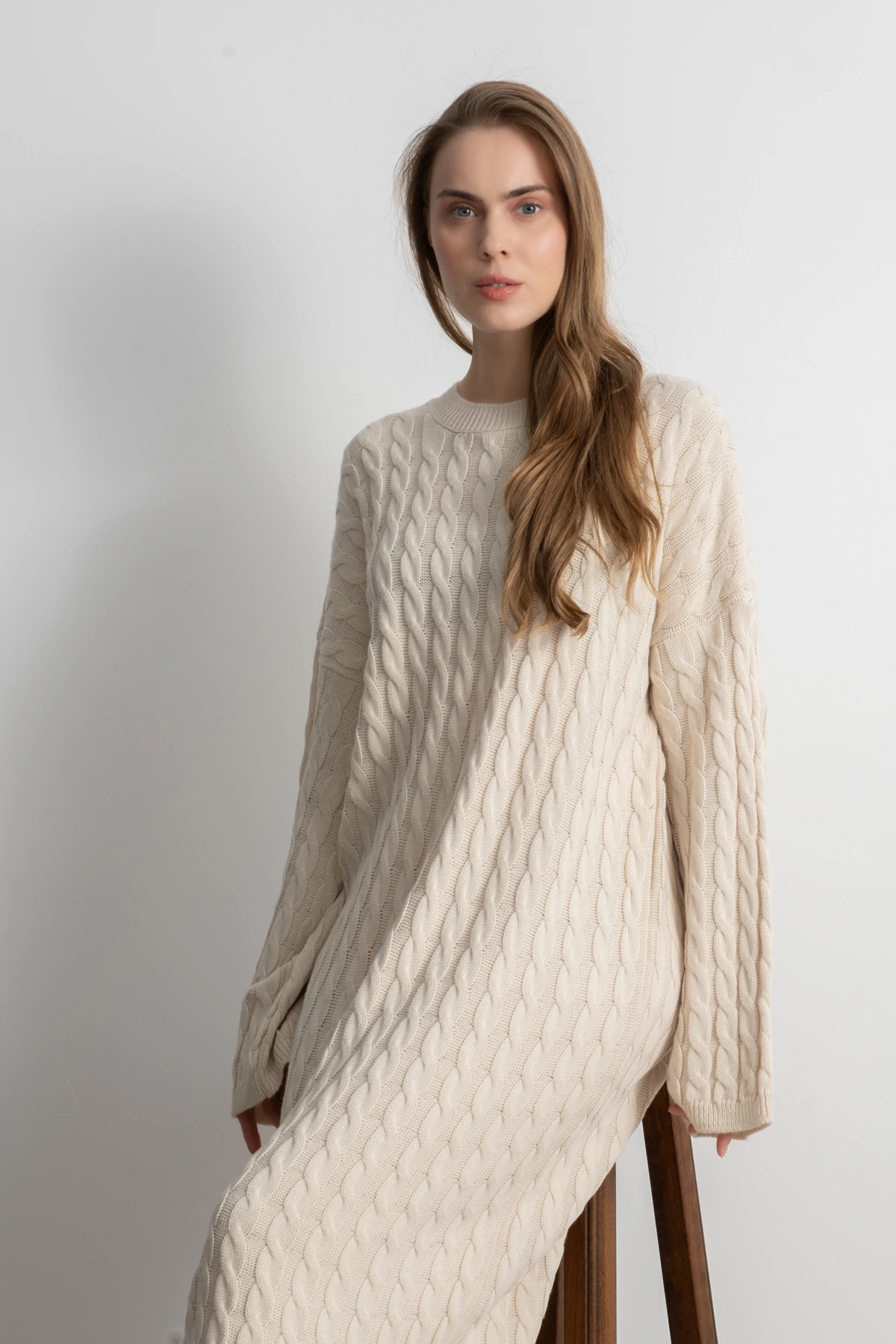 Kadın Triko Saç Örgü Uzun Elbise